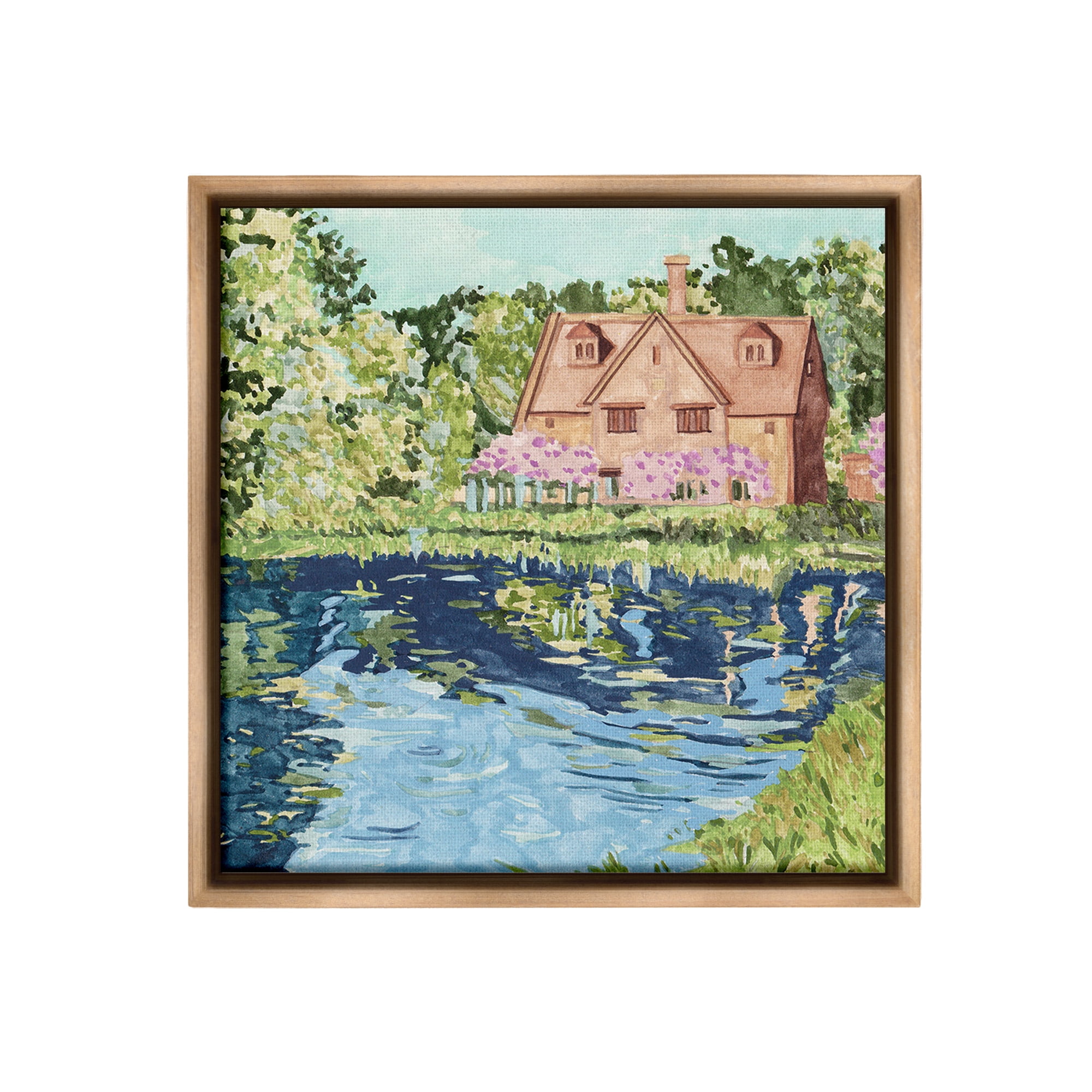 Stupell Industries Country Cottage & Pond Landscape Painting Brown Floater Framed Canvas Art Print Wall Art, 18 x 18