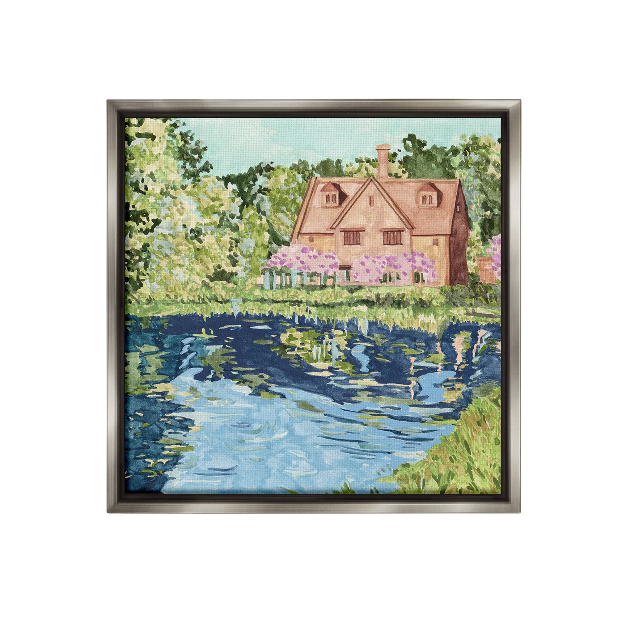 Stupell Industries Country Cottage & Pond Landscape Painting Gray Floater Framed Canvas Art Print Wall Art, 25 x 25