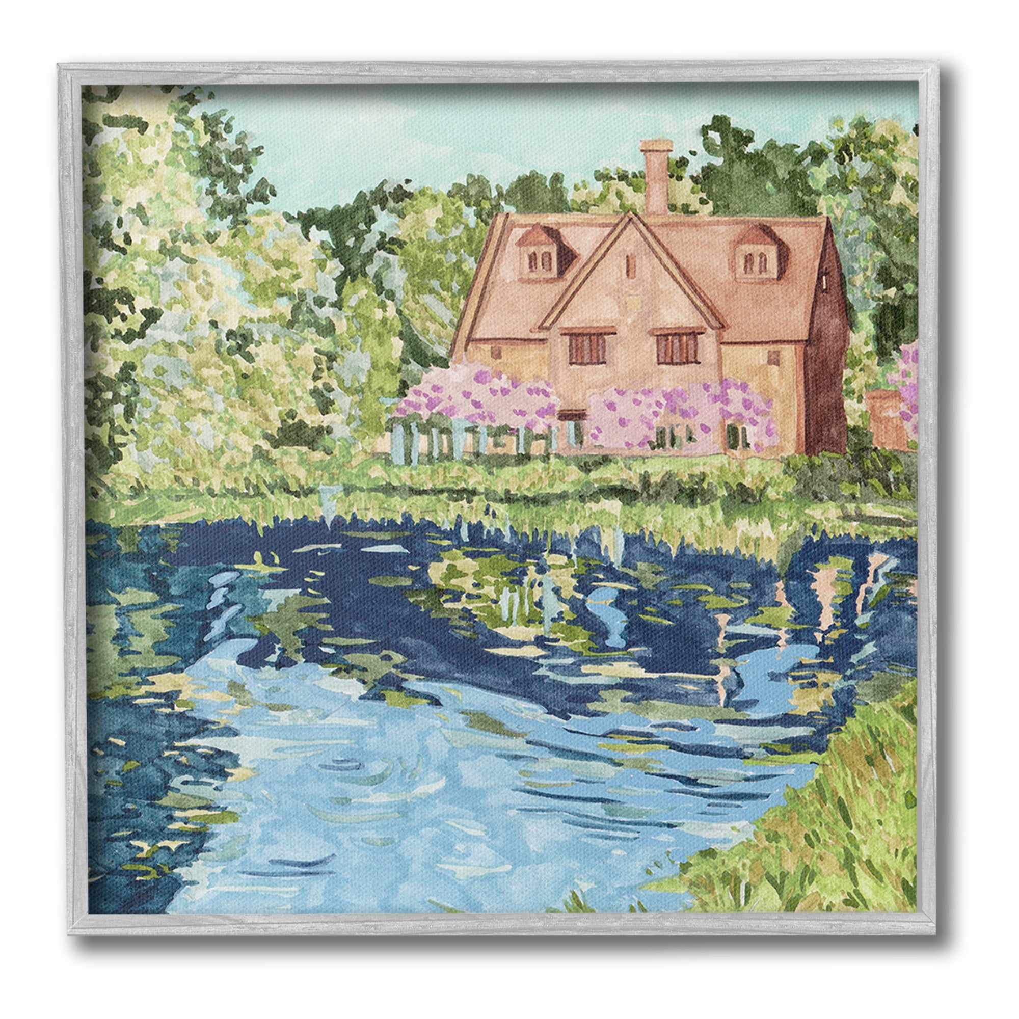 Stupell Industries Country Cottage & Pond Landscape Painting Gray Framed Art Print Wall Art, 24 x 24