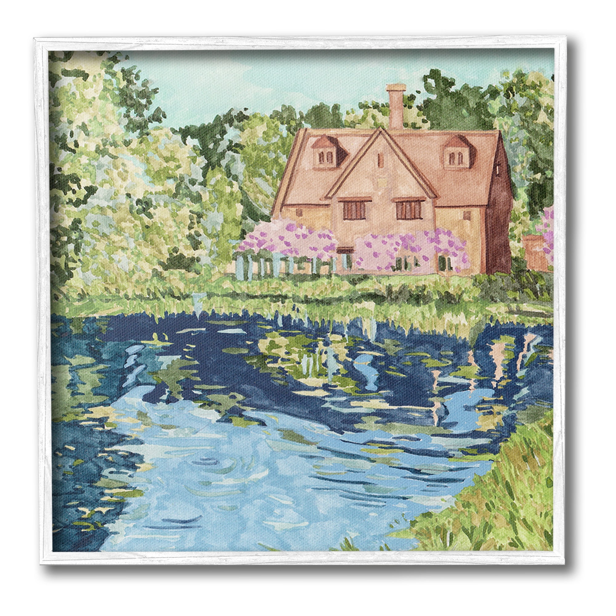 Stupell Industries Country Cottage & Pond Landscape Painting White Framed Art Print Wall Art, 17 x 17
