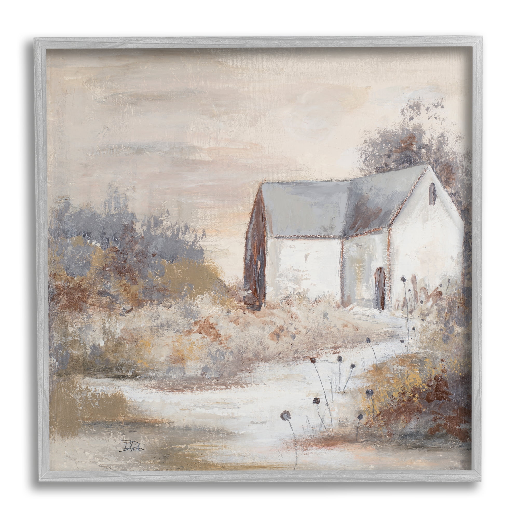 Country Cottage Landscape Print on Canvas with Gray Frame