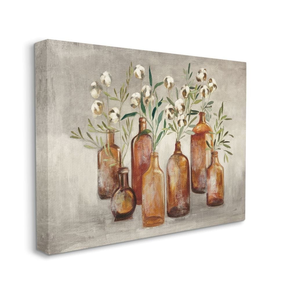 Stupell Industries Country Cotton Flower Stems in Glasses Brown Tan Painting Canvas Wall Art Design by Julia Purinton, 36" x 48"