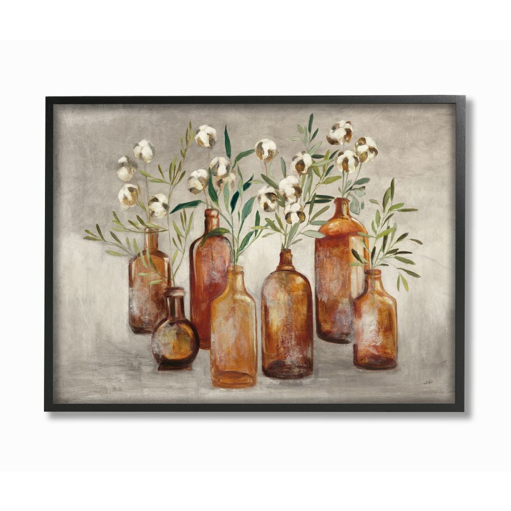 Stupell Industries Country Cotton Flower Stems in Glasses Brown Tan Painting Framed Wall Art Design by Julia Purinton, 16" x 20", Black Framed
