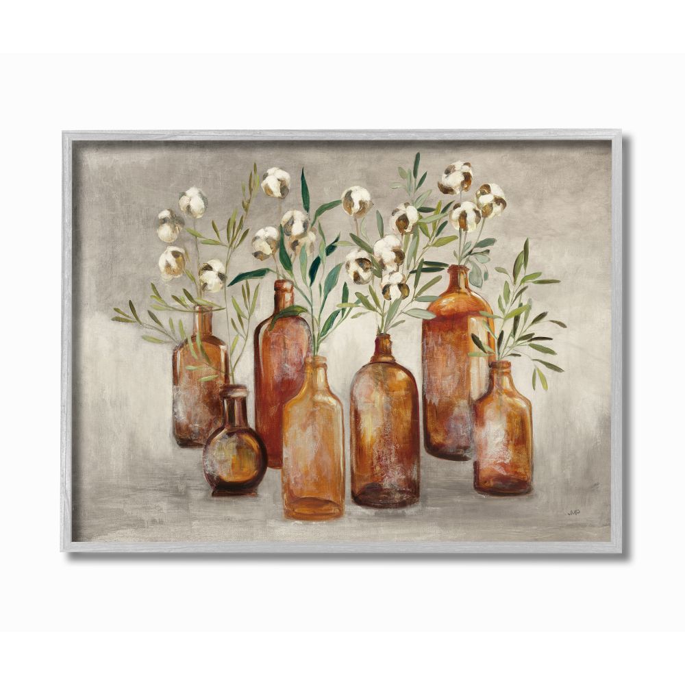 Stupell Industries Country Cotton Flower Stems in Glasses Brown Tan Painting Framed Wall Art Design by Julia Purinton, 16" x 20", Gray Framed