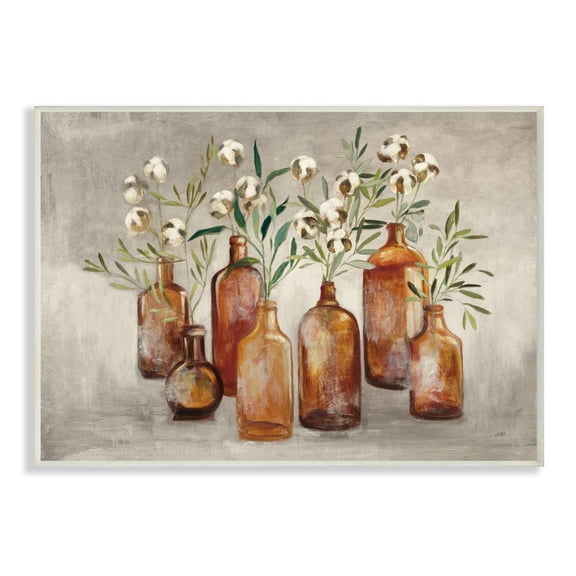 Stupell Industries Country Cotton Flower Stems in Glasses Brown Tan Painting Unframed Art Print Wall Art, 10x15, by Julia Purinton