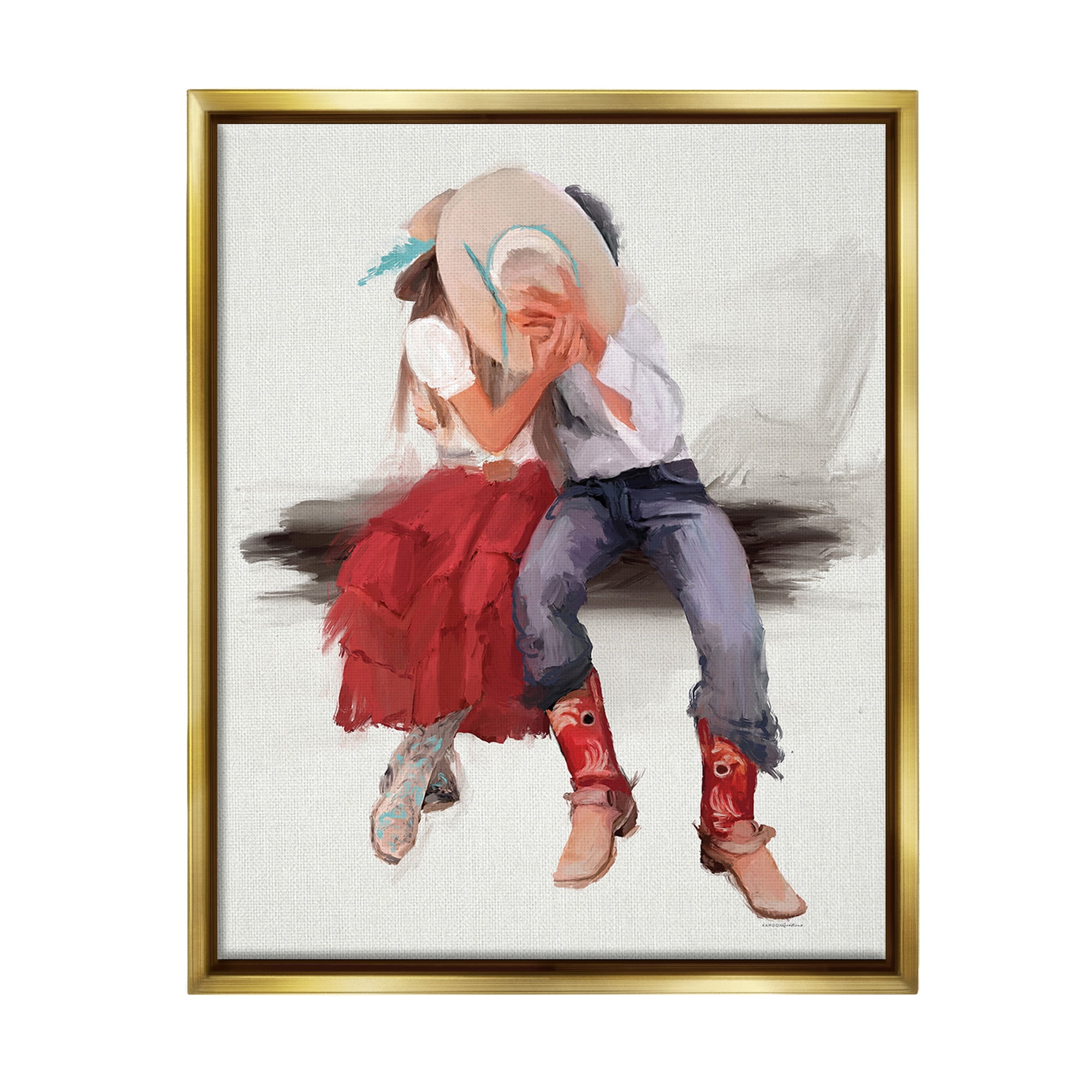 Stupell Industries Country Couple Kiss Abstract Painting Gold Floater Framed Canvas Art Print Wall Art, 25 x 31