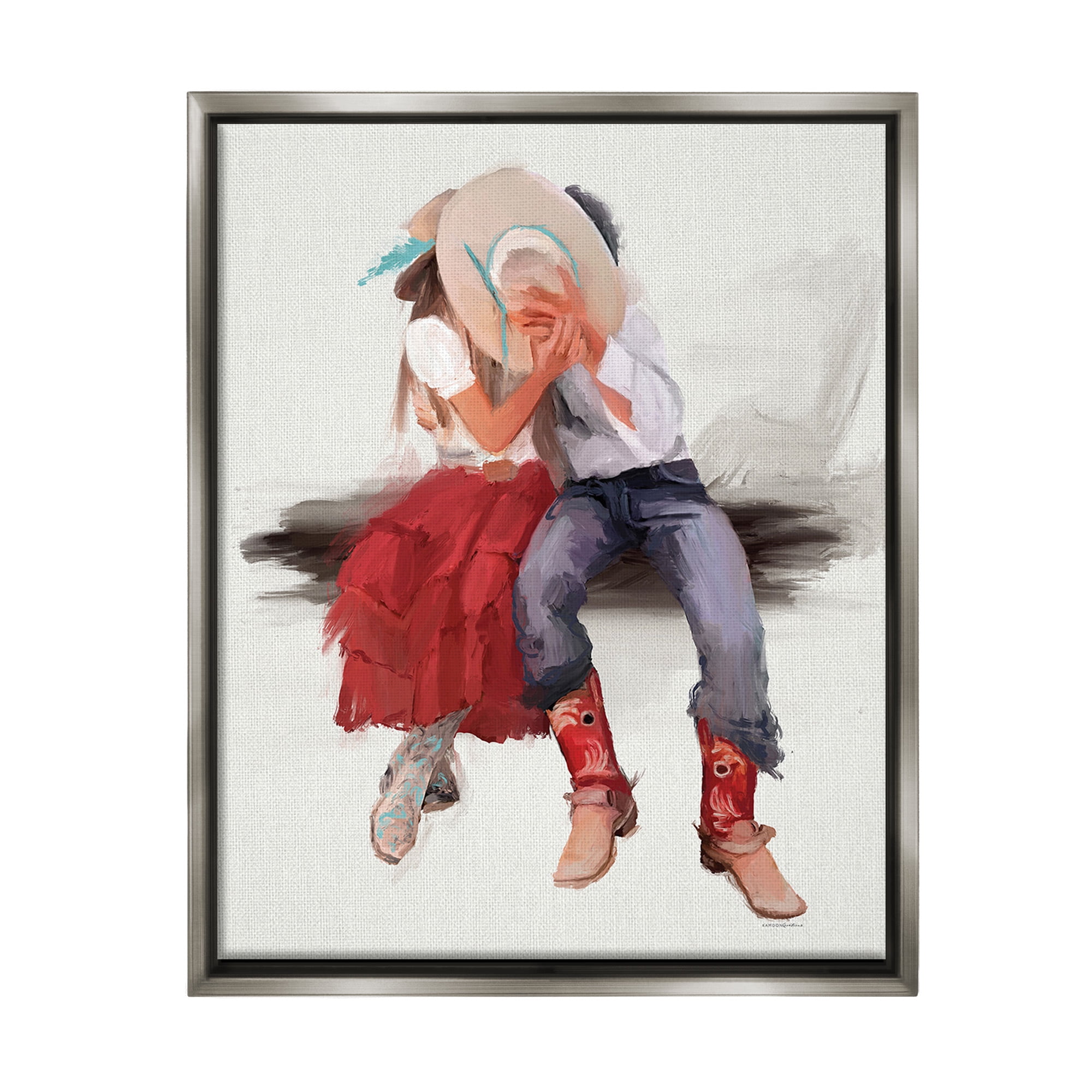 Stupell Industries Country Couple Kiss Abstract Painting Gray Floater Framed Canvas Art Print Wall Art, 17 x 21
