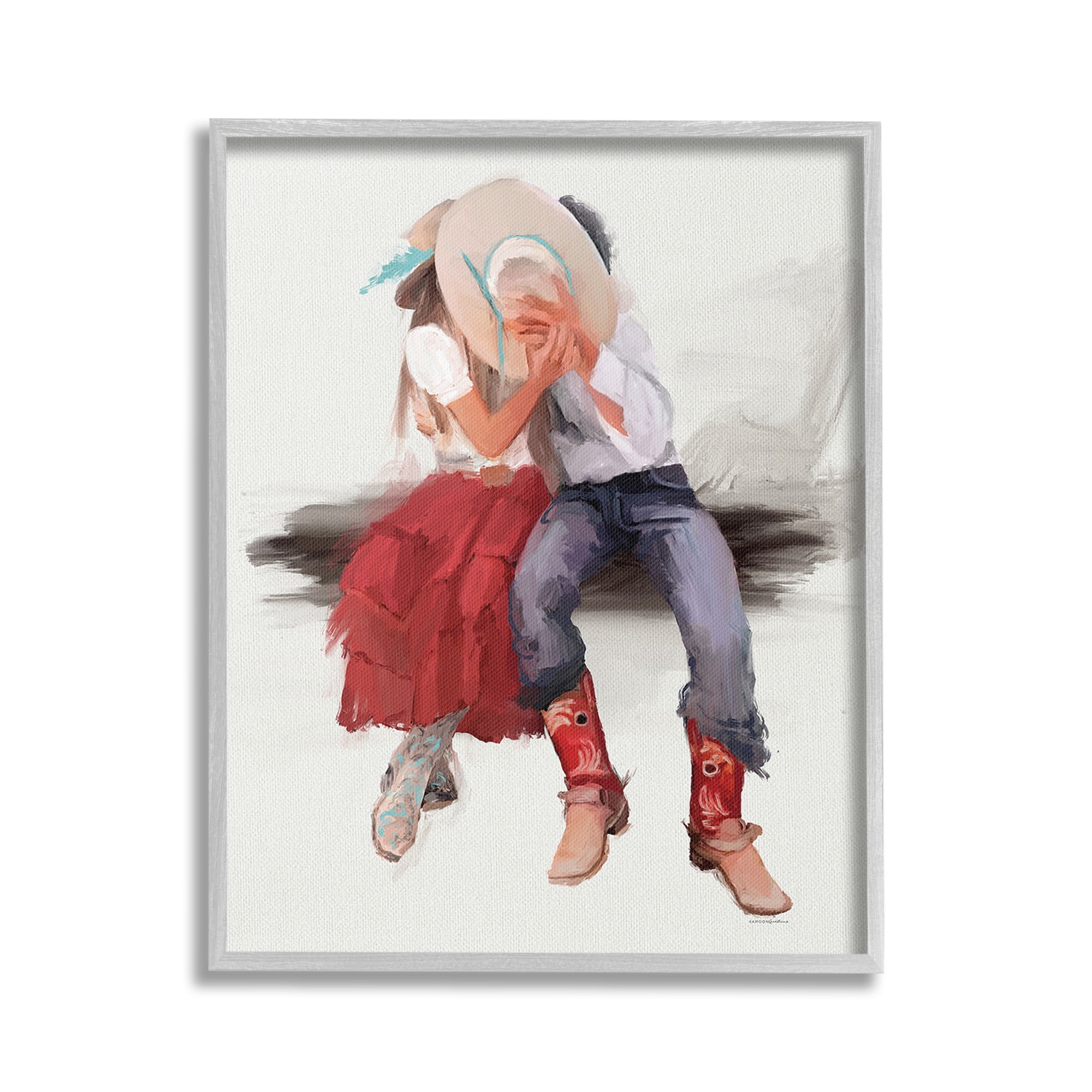Stupell Industries Country Couple Kiss Abstract Painting Gray Framed Art Print Wall Art, 16 x 20