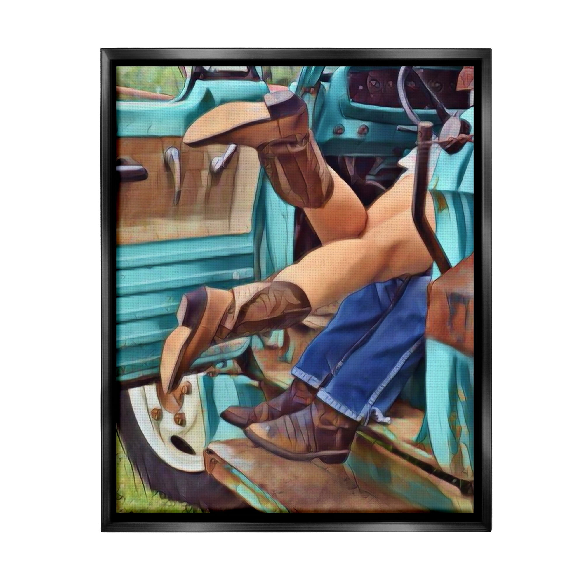 Stupell Industries Country Couple in Truck Transportation Painting Black Floater Framed Canvas Art Print Wall Art, 25 x 31