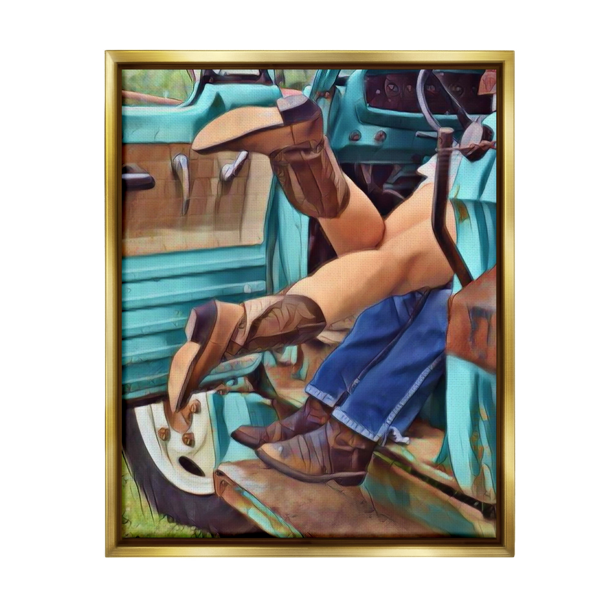 Stupell Industries Country Couple in Truck Transportation Painting Gold Floater Framed Canvas Art Print Wall Art, 17 x 21