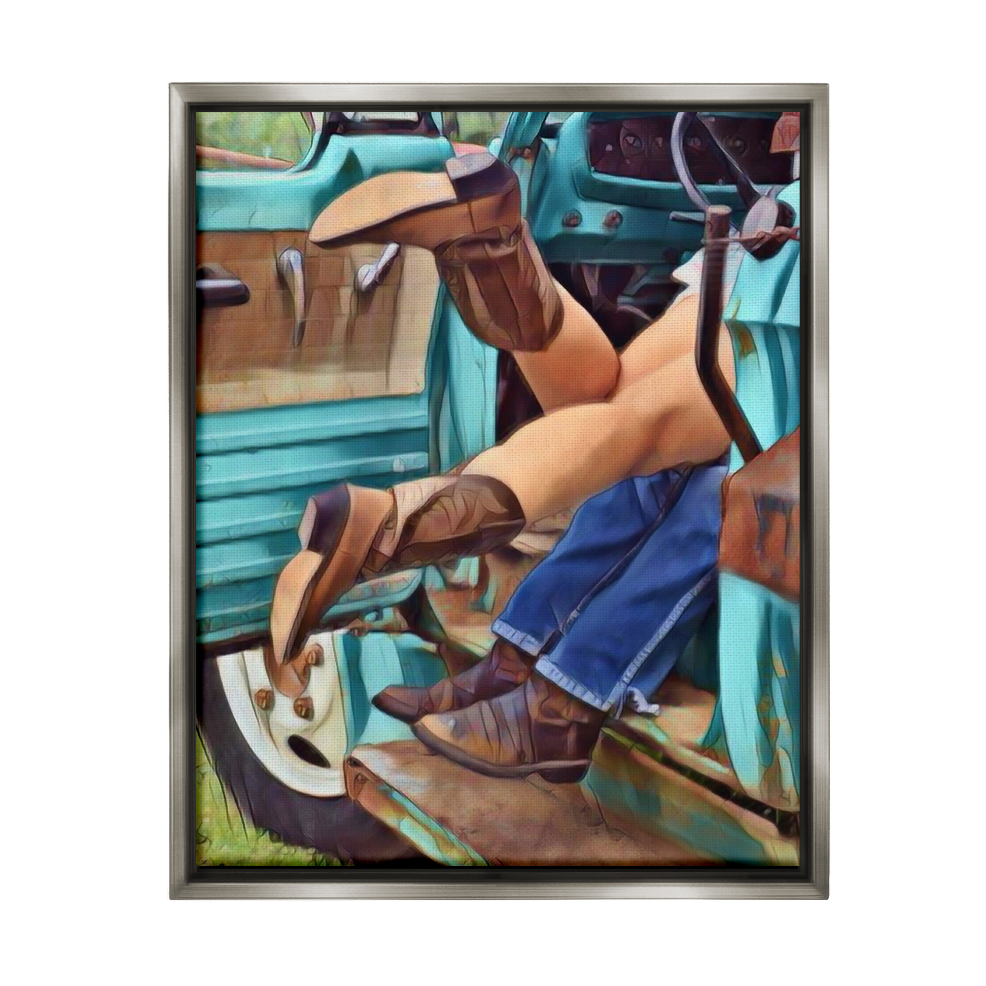 Stupell Industries Country Couple in Truck Transportation Painting Gray Floater Framed Canvas Art Print Wall Art, 25 x 31