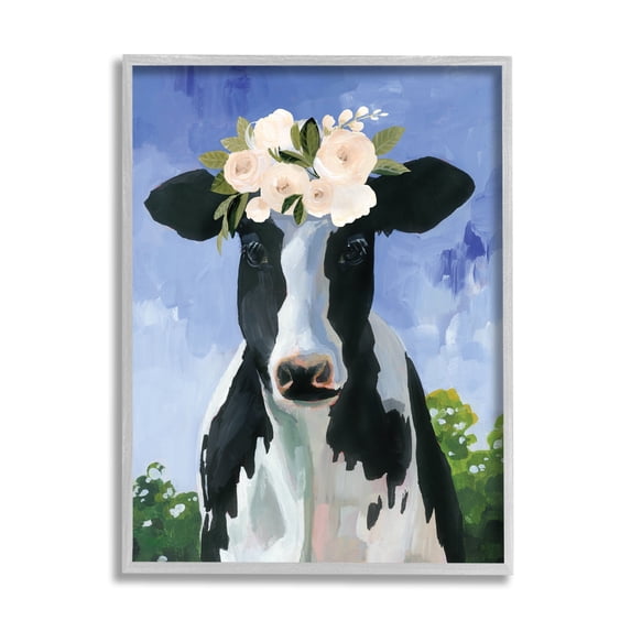 Stupell Industries Country Cow Cattle Flower Crown Roses Botanical Fam Framed Wall Art, 16 x 20, Design by Caverly Smith