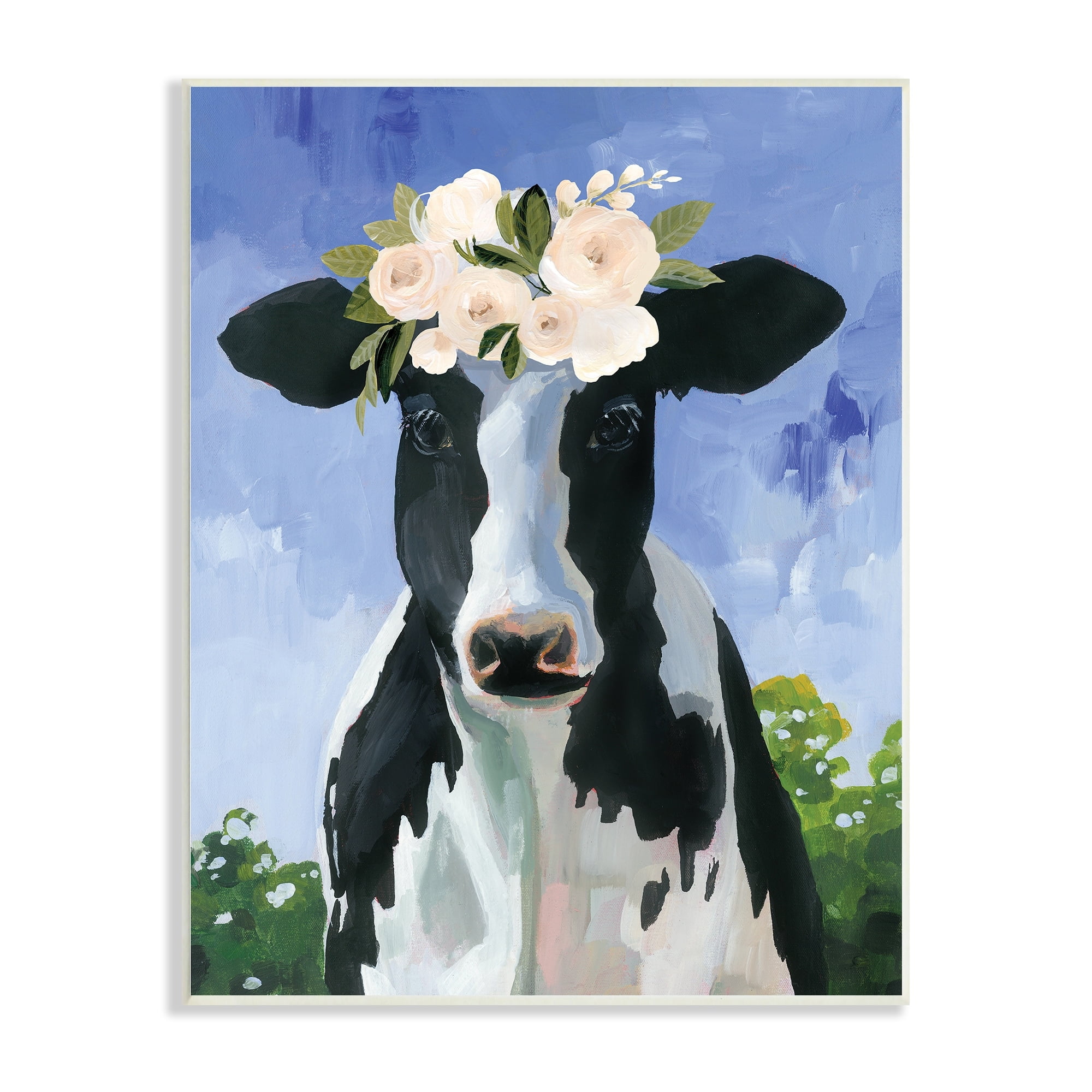 Stupell Industries Country Cow Cattle Flower Crown Roses Botanical Fam Wood Wall Art, 13 x 19, Design by Caverly Smith