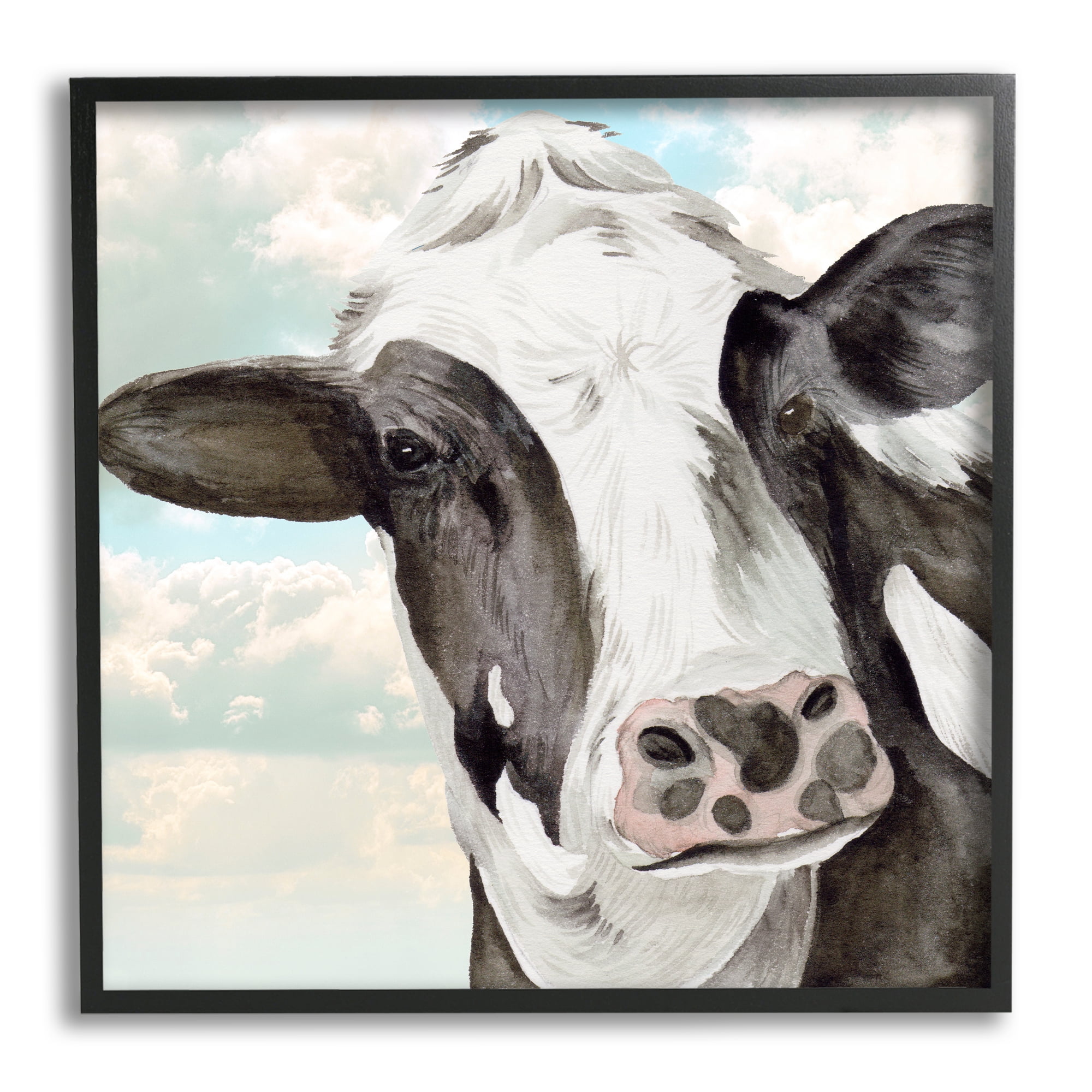 Stupell Industries Country Cow & Clouds Animals & Insects Painting Black Framed Art Print Wall Art, 17 x 17