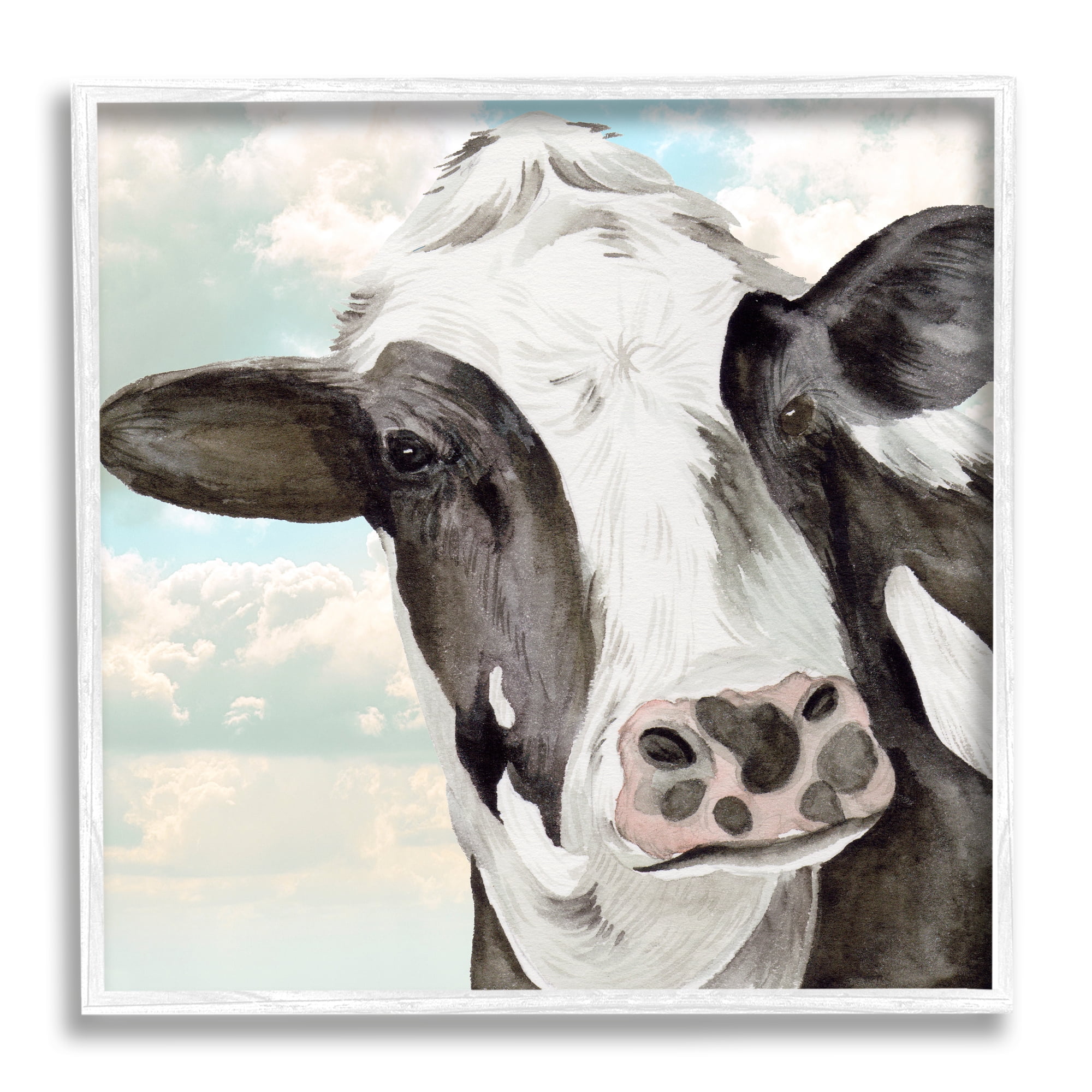 Stupell Industries Country Cow & Clouds Animals & Insects Painting White Framed Art Print Wall Art, 17 x 17