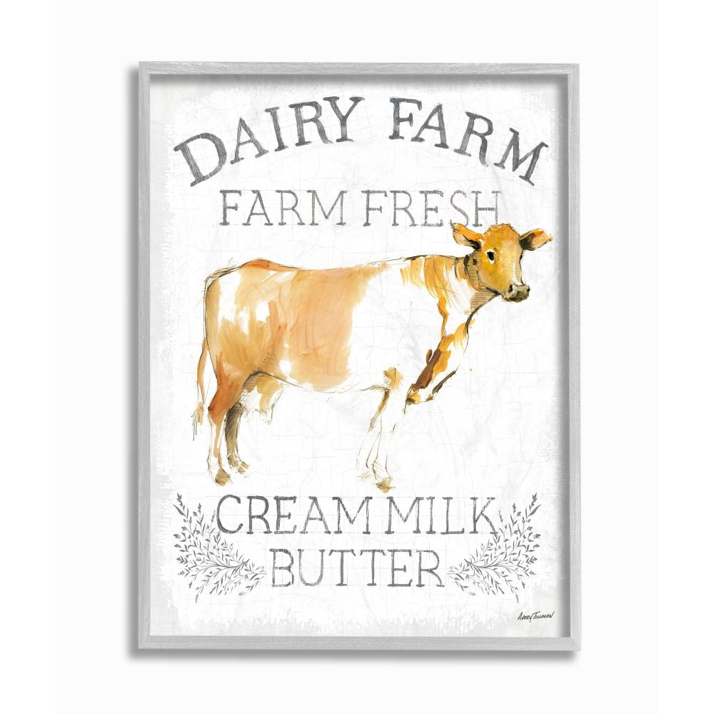 Stupell Industries Country Cow Dairy Farm Sign Watercolor Style Sign Framed Wall Art Design by Avery Tillmon, 11" x 14", Gray Framed