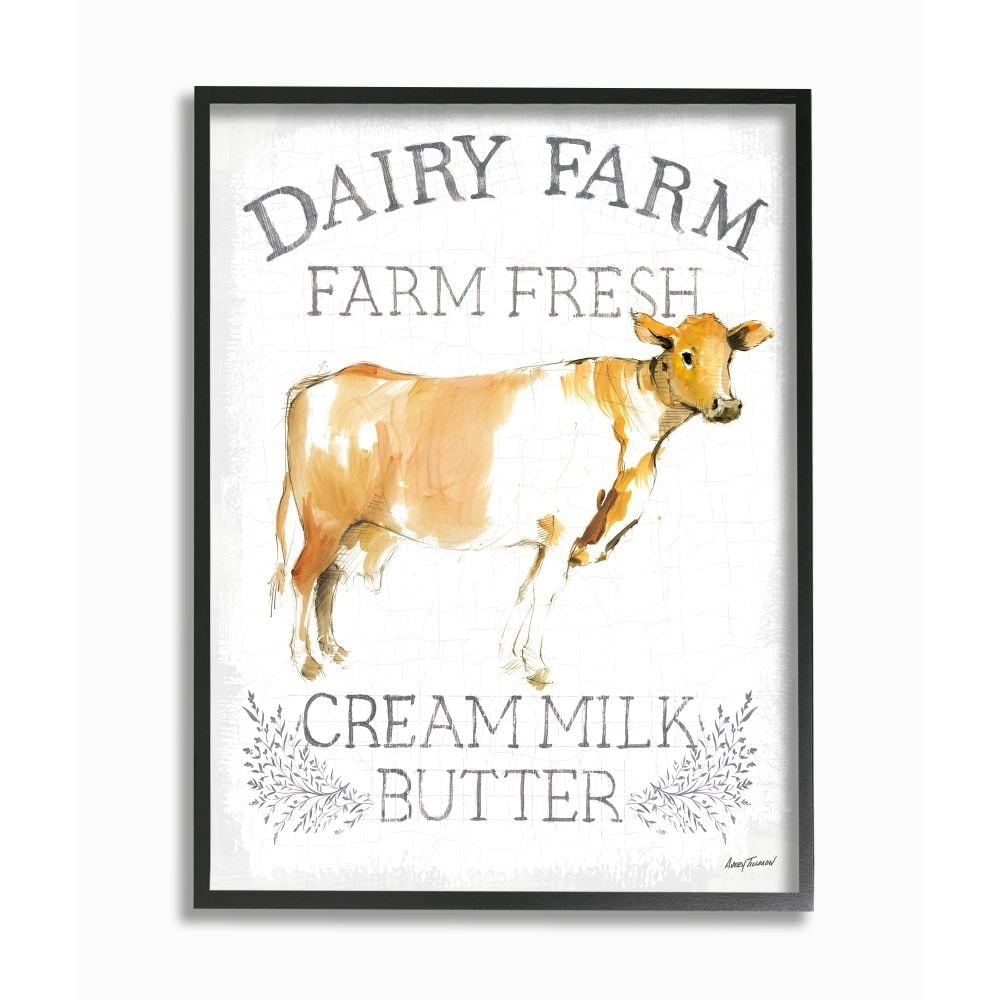 Stupell Industries Country Cow Dairy Farm Sign Watercolor Style Sign Framed Wall Art Design by Avery Tillmon, 16" x 20", Gray Framed