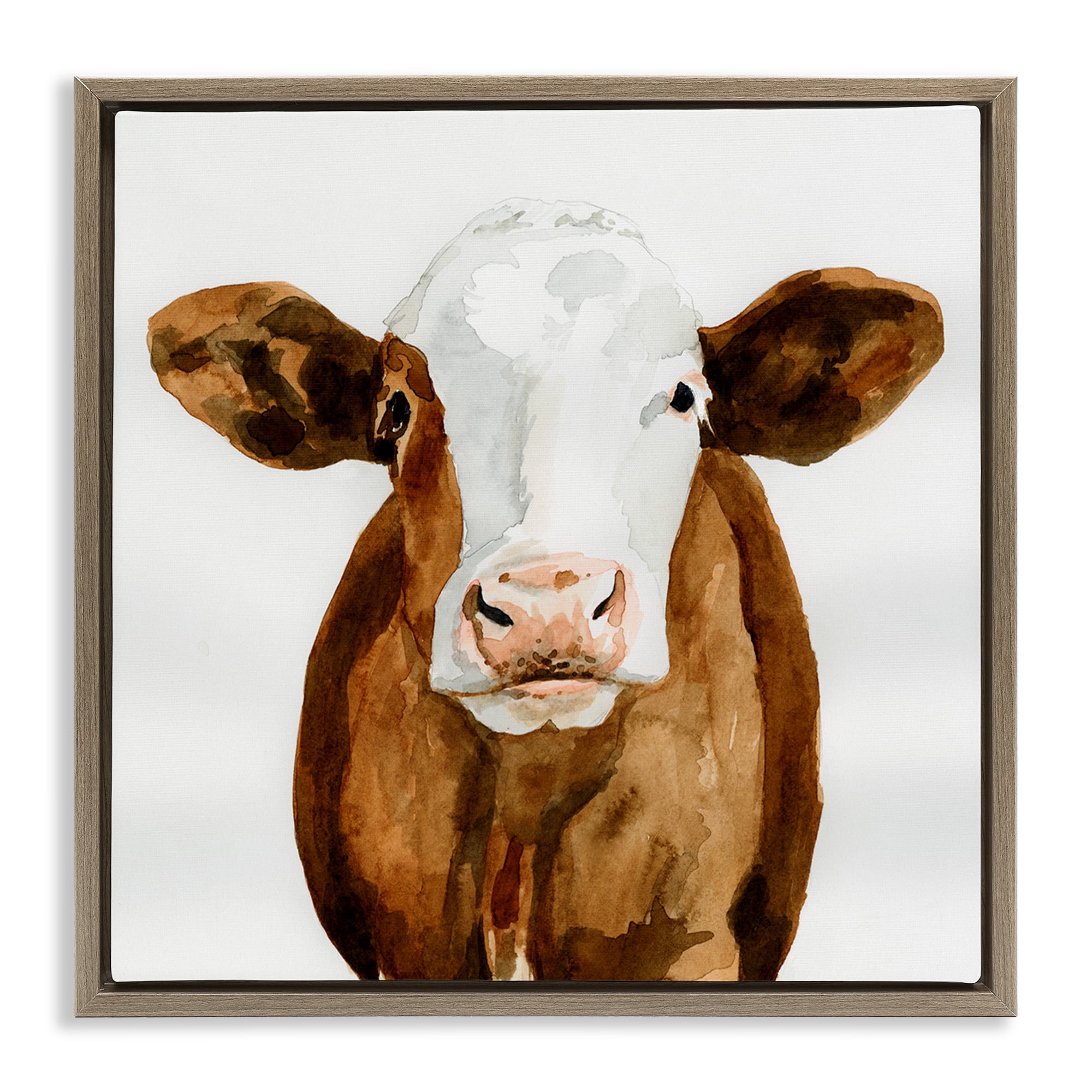 Stupell Industries Country Cow Minimal Portrait Animals & Insects Painting Brown Floater Framed Canvas Art Print Wall Art, 25 x 25