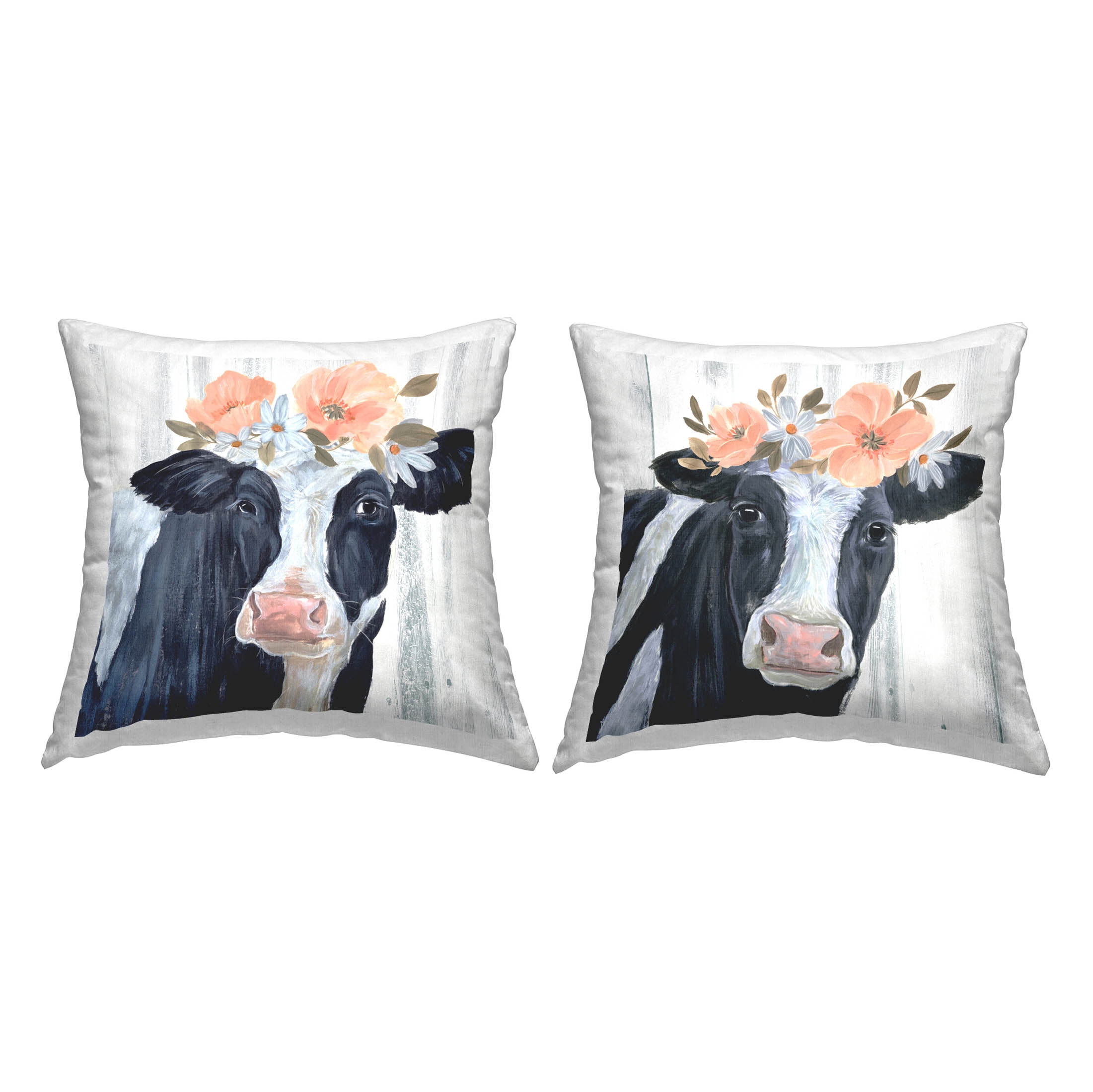 Stupell Industries Country Cow Pink Floral Blooms Printed Throw Pillow Design by Annie Warren (Set of 2)