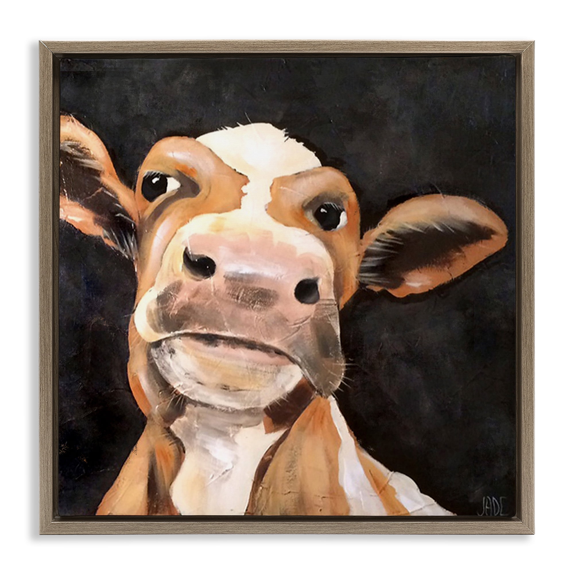 Stupell Industries Country Cow on Black Animals & Insects Painting Brown Floater Framed Canvas Art Print Wall Art, 25 x 25