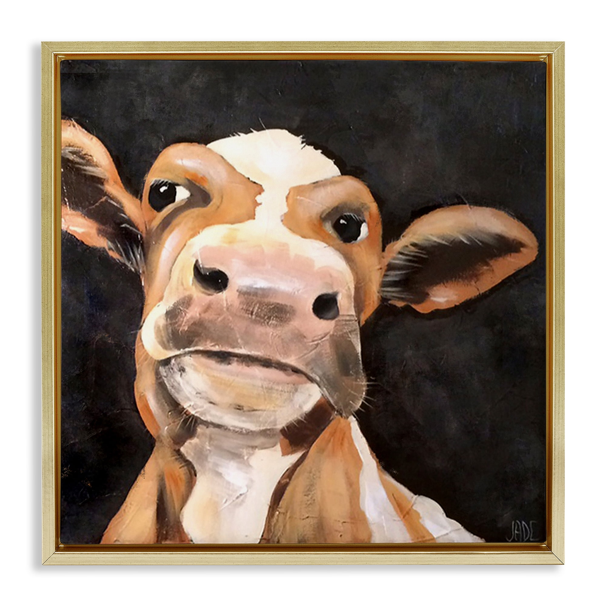 Stupell Industries Country Cow on Black Animals & Insects Painting Gold Floater Framed Canvas Art Print Wall Art, 25 x 25