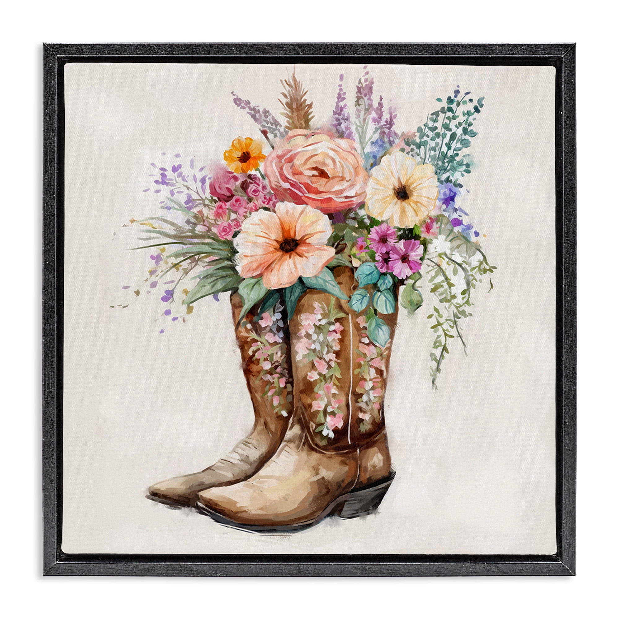 Stupell Industries Country Cowboy Boots Bouquet Botanical & Floral Painting Black Floater Framed Canvas Art Print Wall Art, 25 x 25