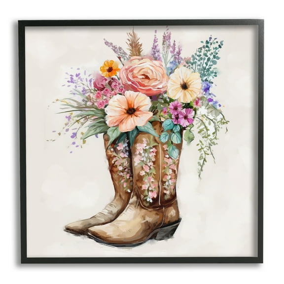 Stupell Industries Country Cowboy Boots Bouquet Botanical & Floral Painting Black Framed Art Print Wall Art