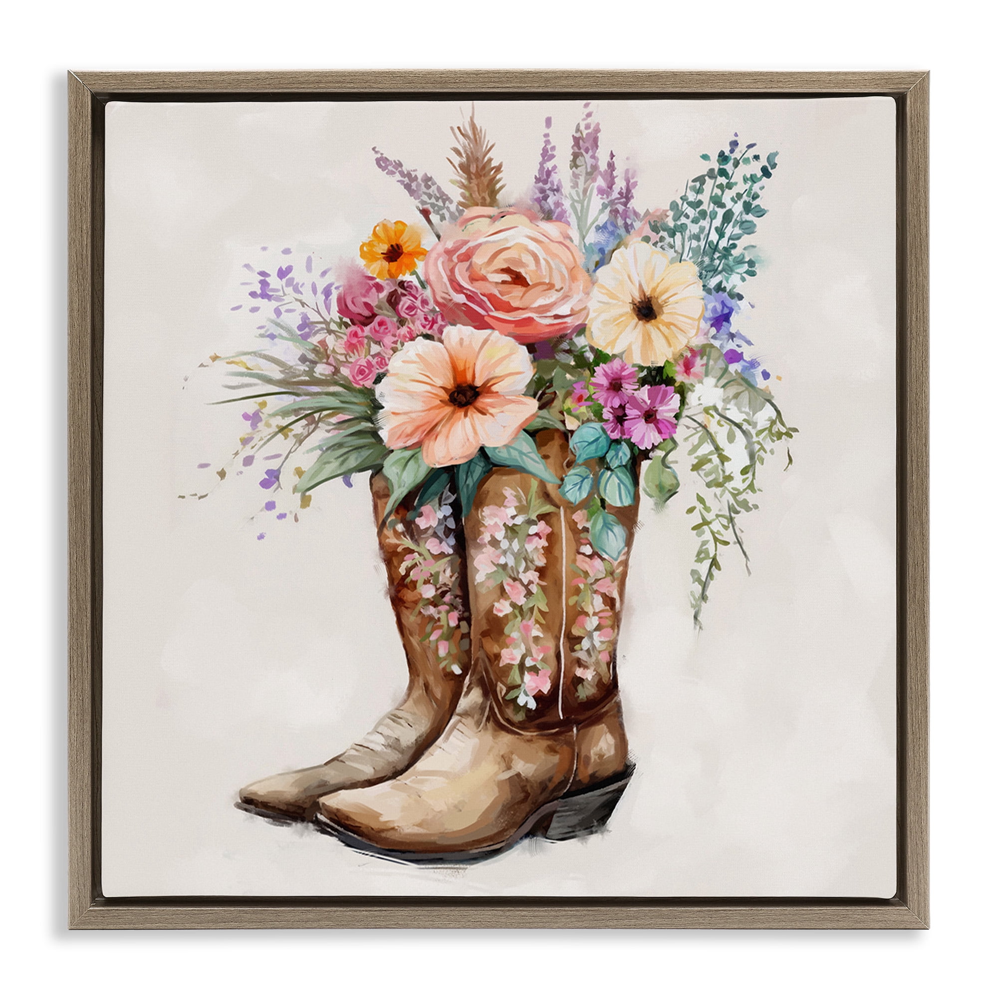 Stupell Industries Country Cowboy Boots Bouquet Botanical & Floral Painting Brown Floater Framed Canvas Art Print Wall Art, 18 x 18