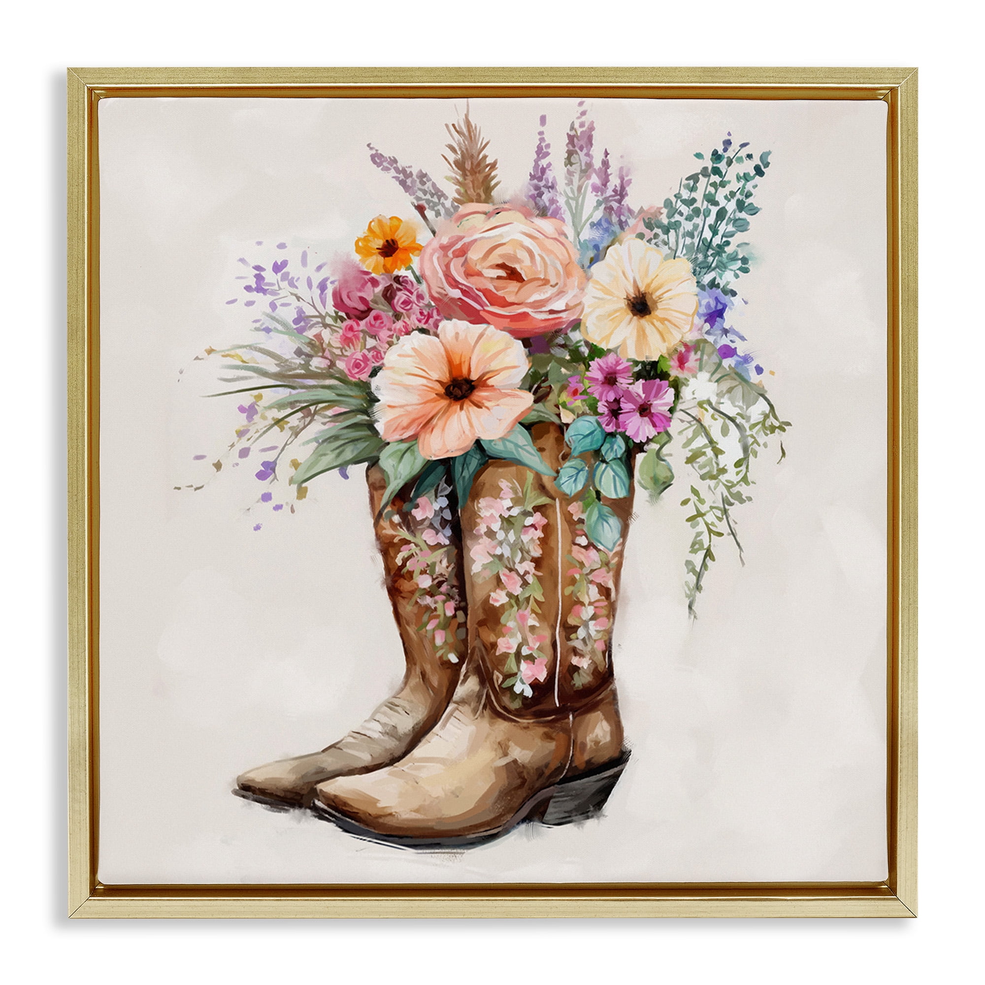 Stupell Industries Country Cowboy Boots Bouquet Botanical & Floral Painting Gold Floater Framed Canvas Art Print Wall Art, 18 x 18