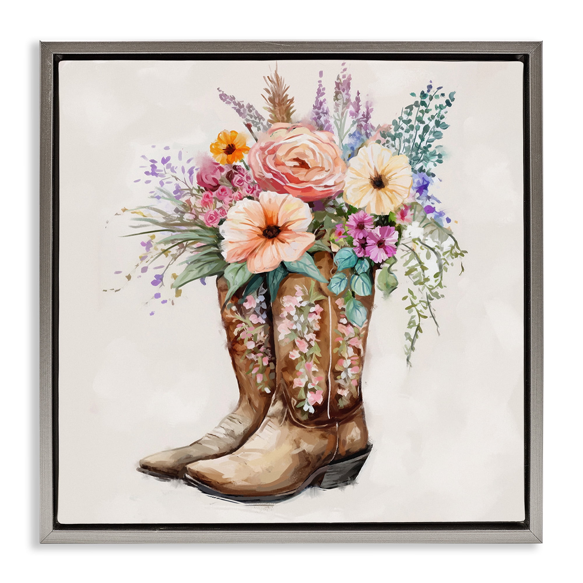 Stupell Industries Country Cowboy Boots Bouquet Botanical & Floral Painting Gray Floater Framed Canvas Art Print Wall Art, 18 x 18