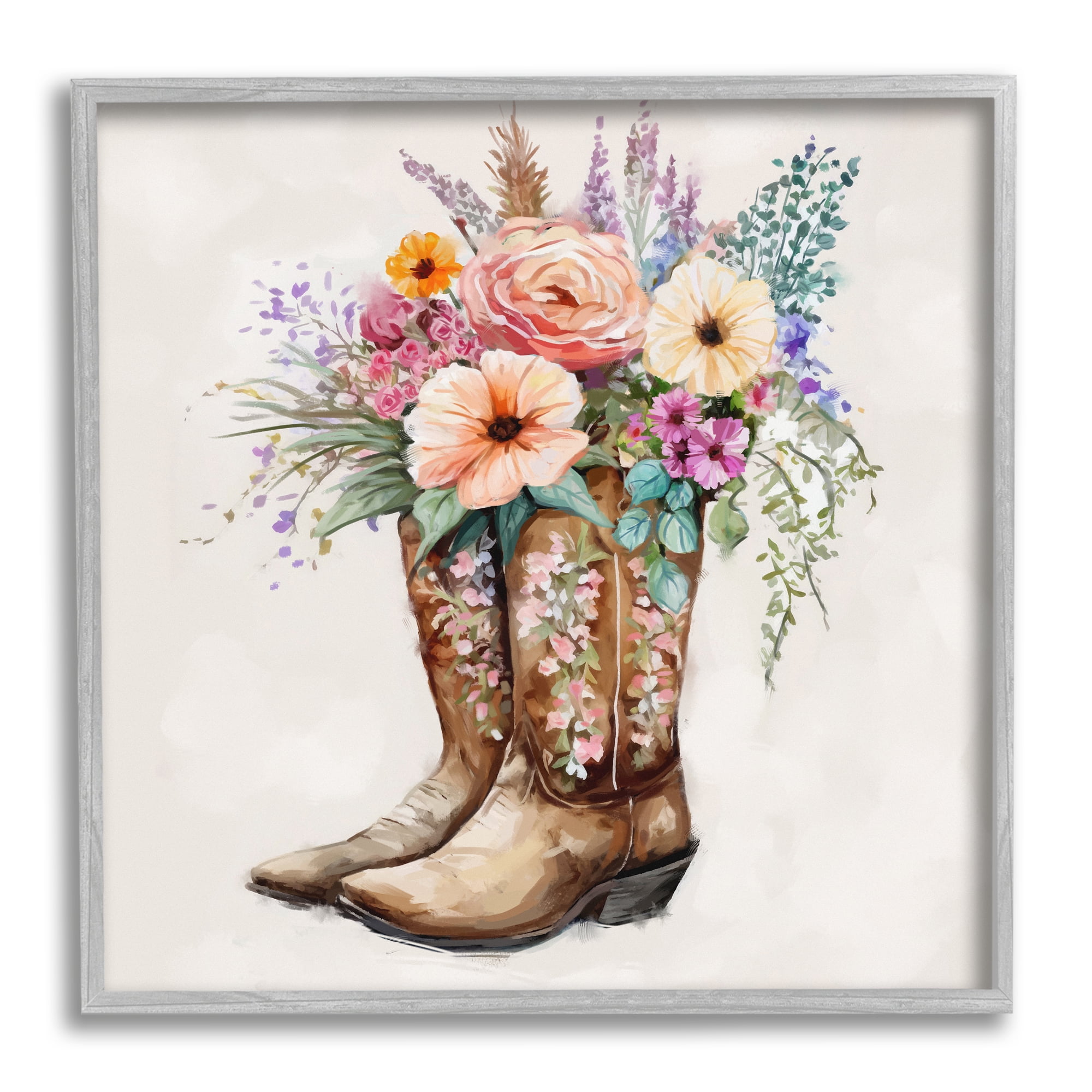 Stupell Industries Country Cowboy Boots Bouquet Botanical & Floral Painting Gray Framed Art Print Wall Art