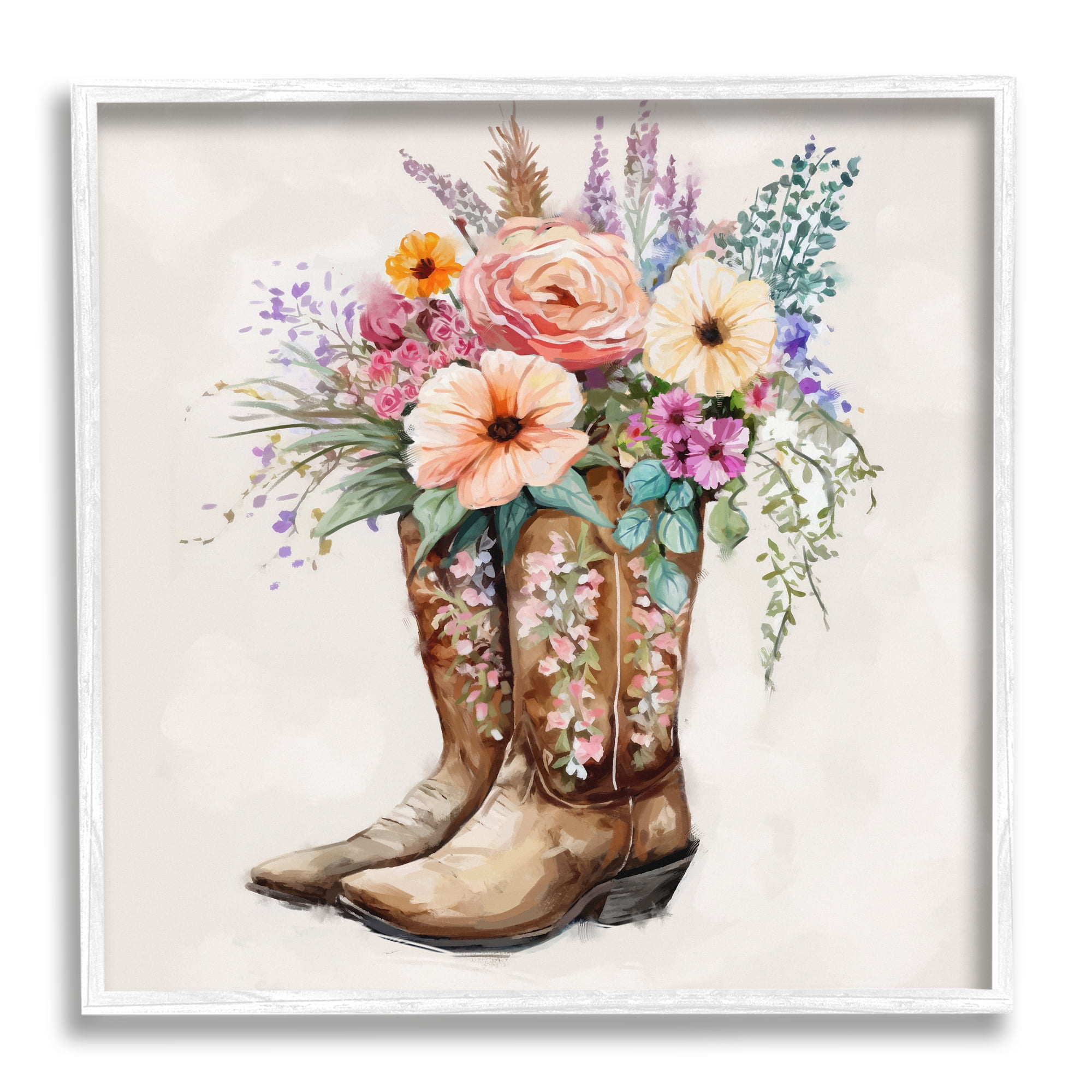 Stupell Industries Country Cowboy Boots Bouquet Botanical & Floral Painting White Framed Art Print Wall Art