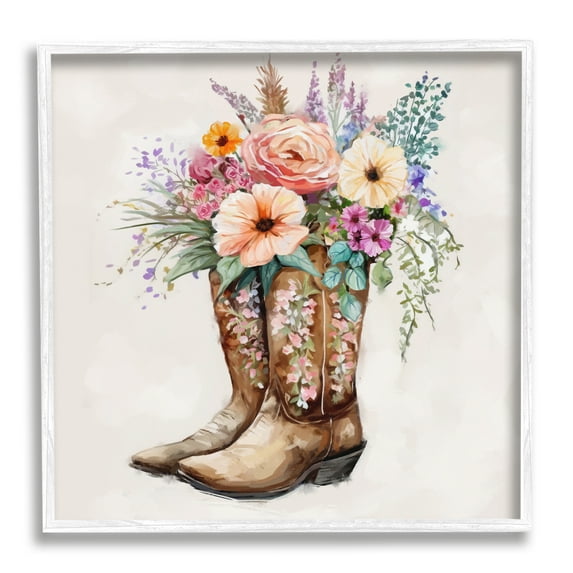 Stupell Industries Country Cowboy Boots Bouquet Botanical & Floral Painting White Framed Art Print Wall Art