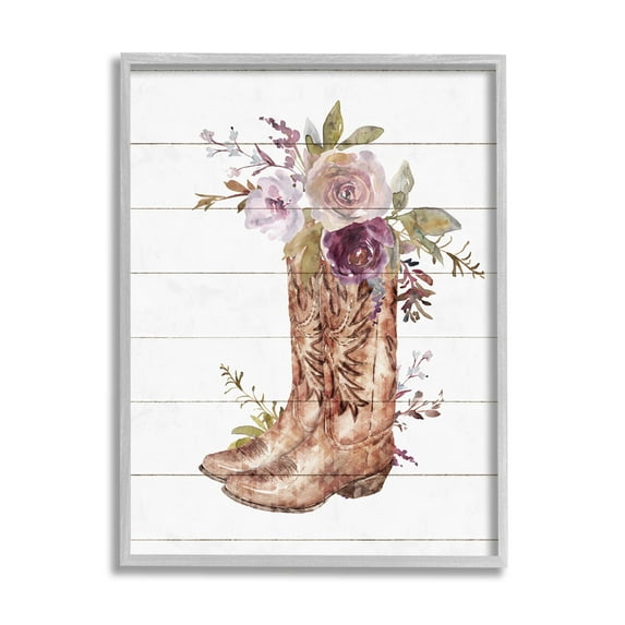 Stupell Industries Country Cowboy Boots Flower Bouquet Graphic Art Gray Framed Art Print Wall Art, Design by Nina Blue