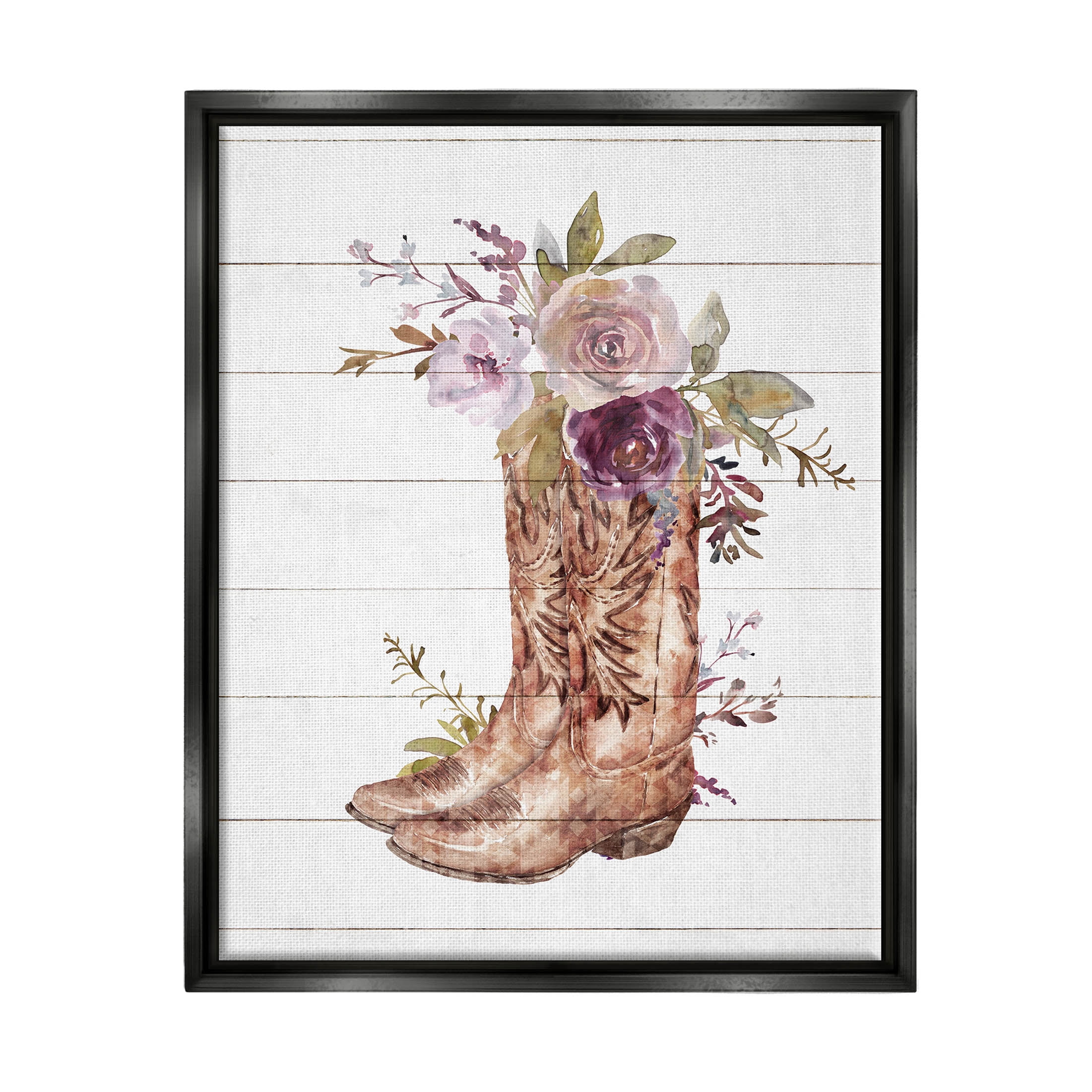 Stupell Industries Country Cowboy Boots Flower Bouquet Graphic Art Jet Black Floating Framed Canvas Print Wall Art, Design by Nina Blue