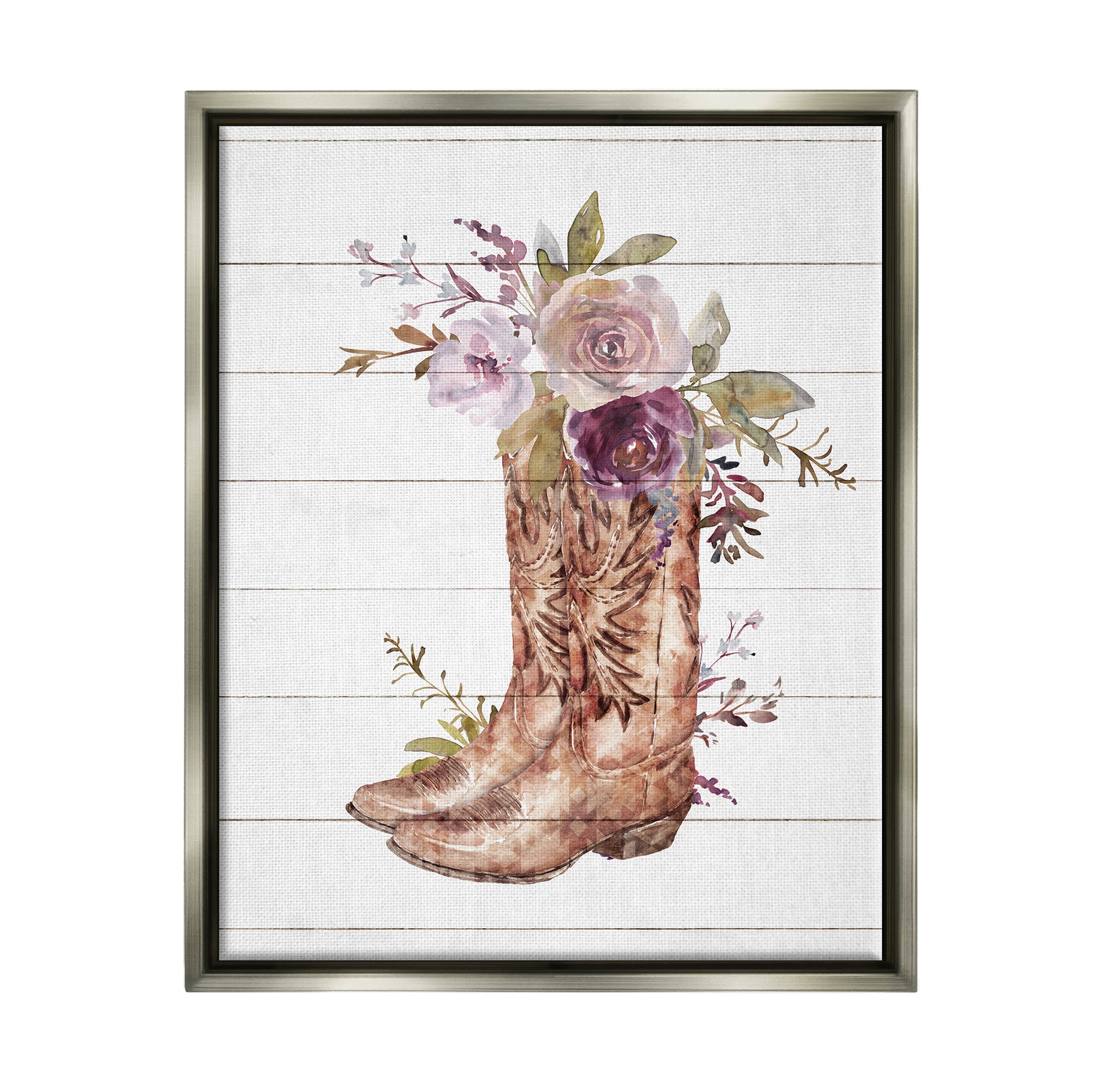 Stupell Industries Country Cowboy Boots Flower Bouquet Graphic Art Luster Gray Floating Framed Canvas Print Wall Art, Design by Nina Blue