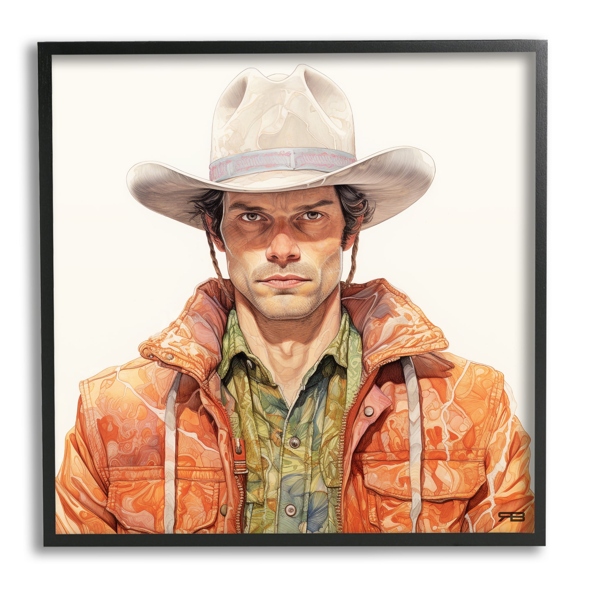 Stupell Industries Country Cowboy Portrait Abstract Painting Black Framed Art Print Wall Art, 24 x 24