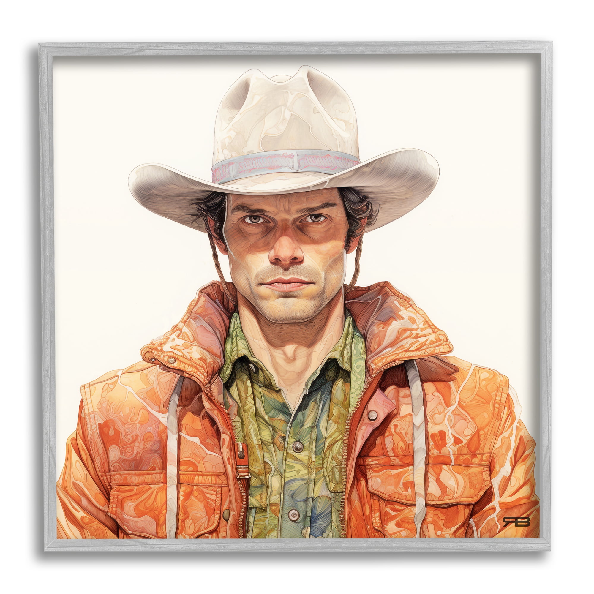 Stupell Industries Country Cowboy Portrait Abstract Painting Gray Framed Art Print Wall Art, 17 x 17
