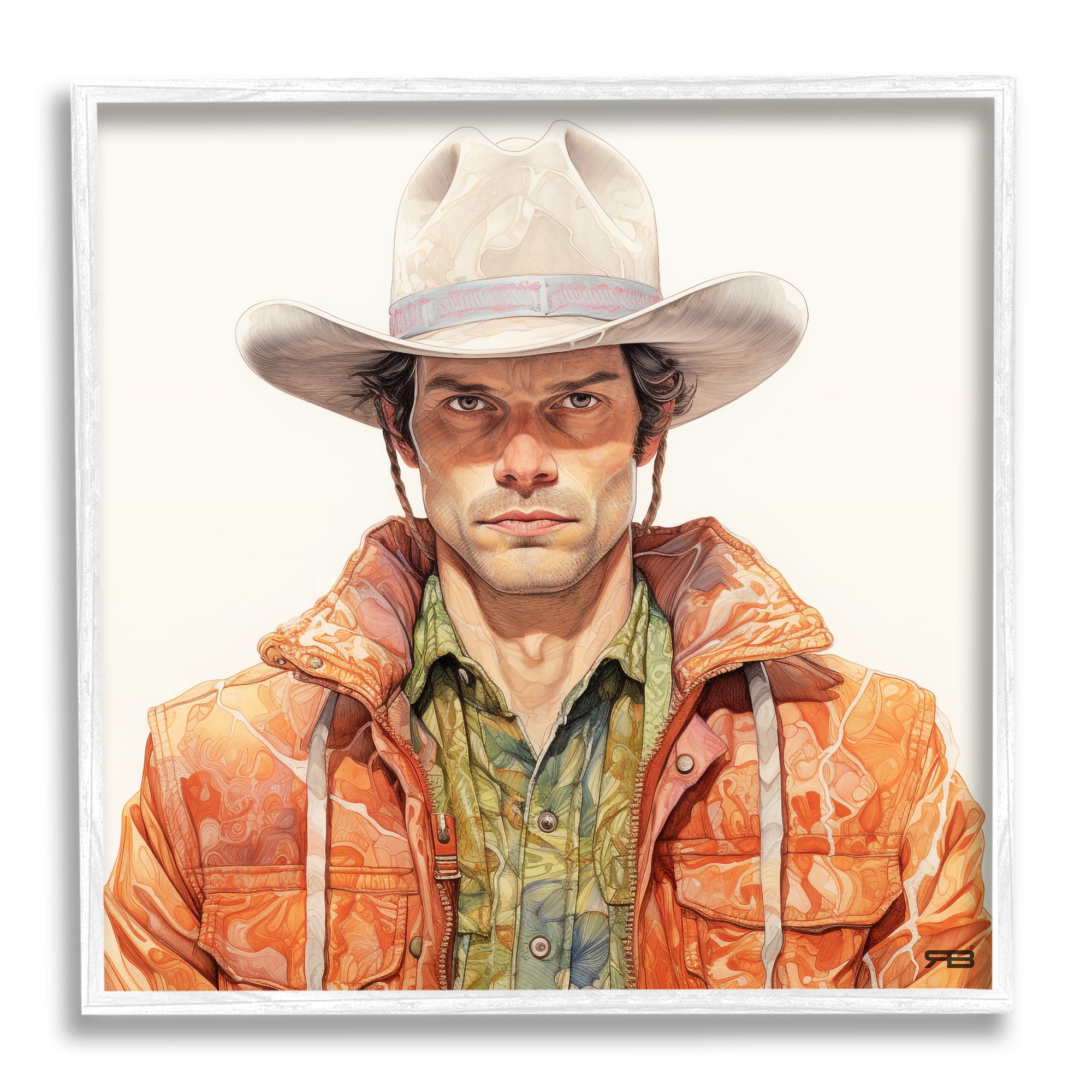 Stupell Industries Country Cowboy Portrait Abstract Painting White Framed Art Print Wall Art, 17 x 17