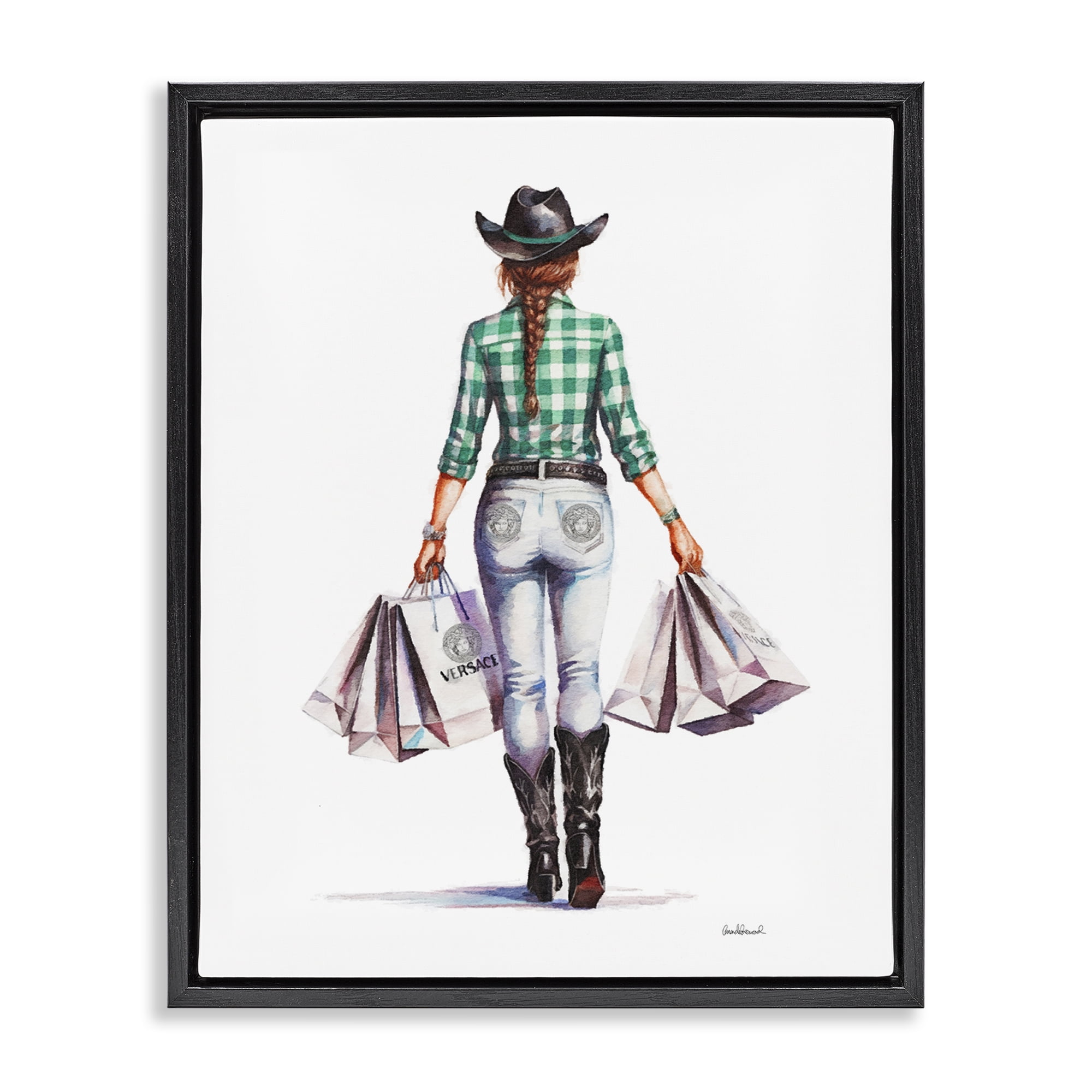Stupell Industries Country Cowgirl Shopper People Painting Black Floater Framed Canvas Art Print Wall Art, 17 x 21