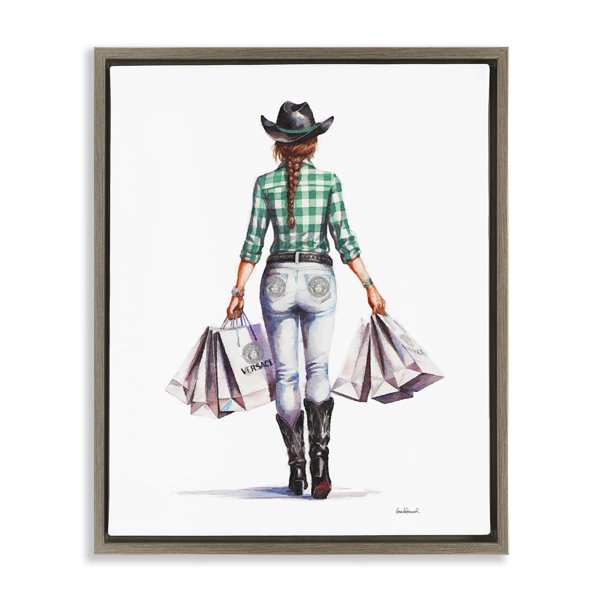 Stupell Industries Country Cowgirl Shopper People Painting Brown Floater Framed Canvas Art Print Wall Art, 17 x 21