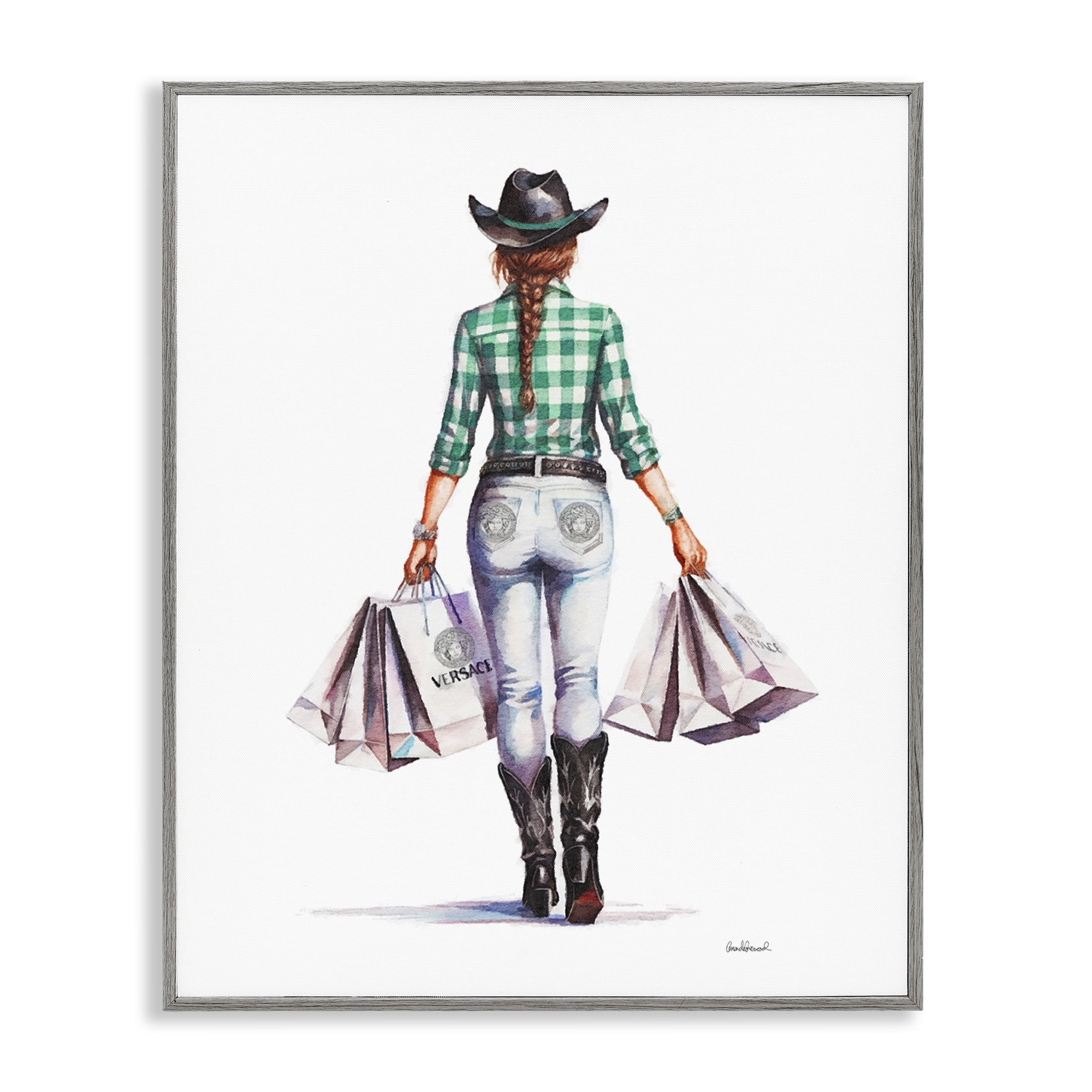 Stupell Industries Country Cowgirl Shopper People Painting Gray Framed Art Print Wall Art, 11 x 14