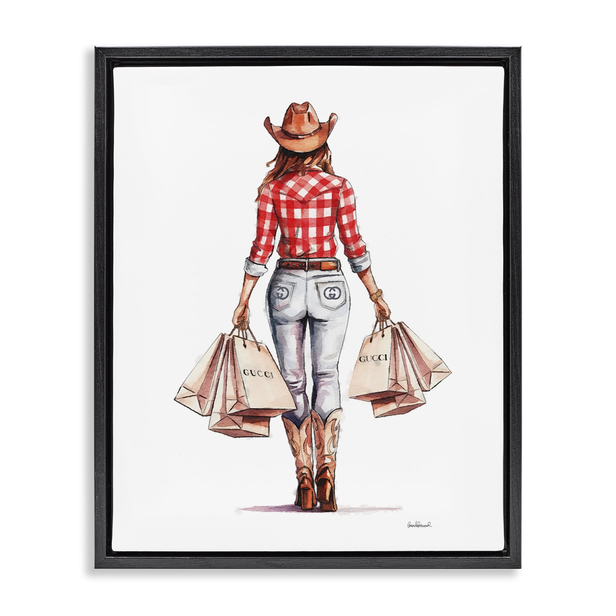 Stupell Industries Country Cowgirl Shopping People Painting Black Floater Framed Canvas Art Print Wall Art, 17 x 21