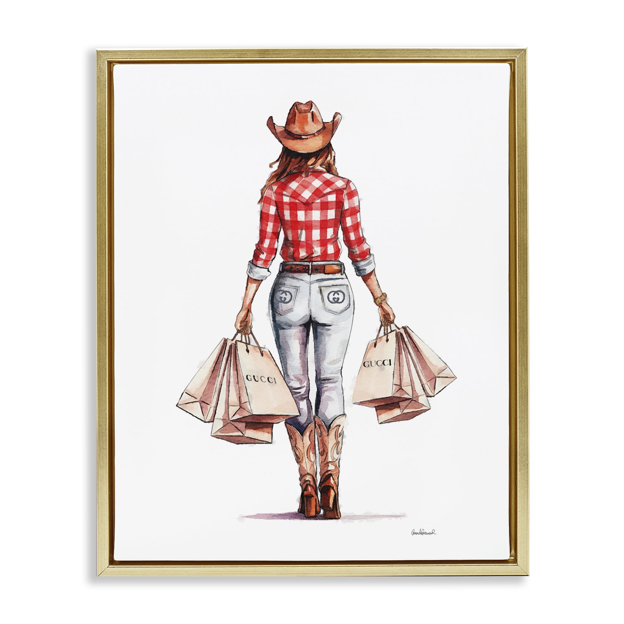 Stupell Industries Country Cowgirl Shopping People Painting Gold Floater Framed Canvas Art Print Wall Art, 17 x 21