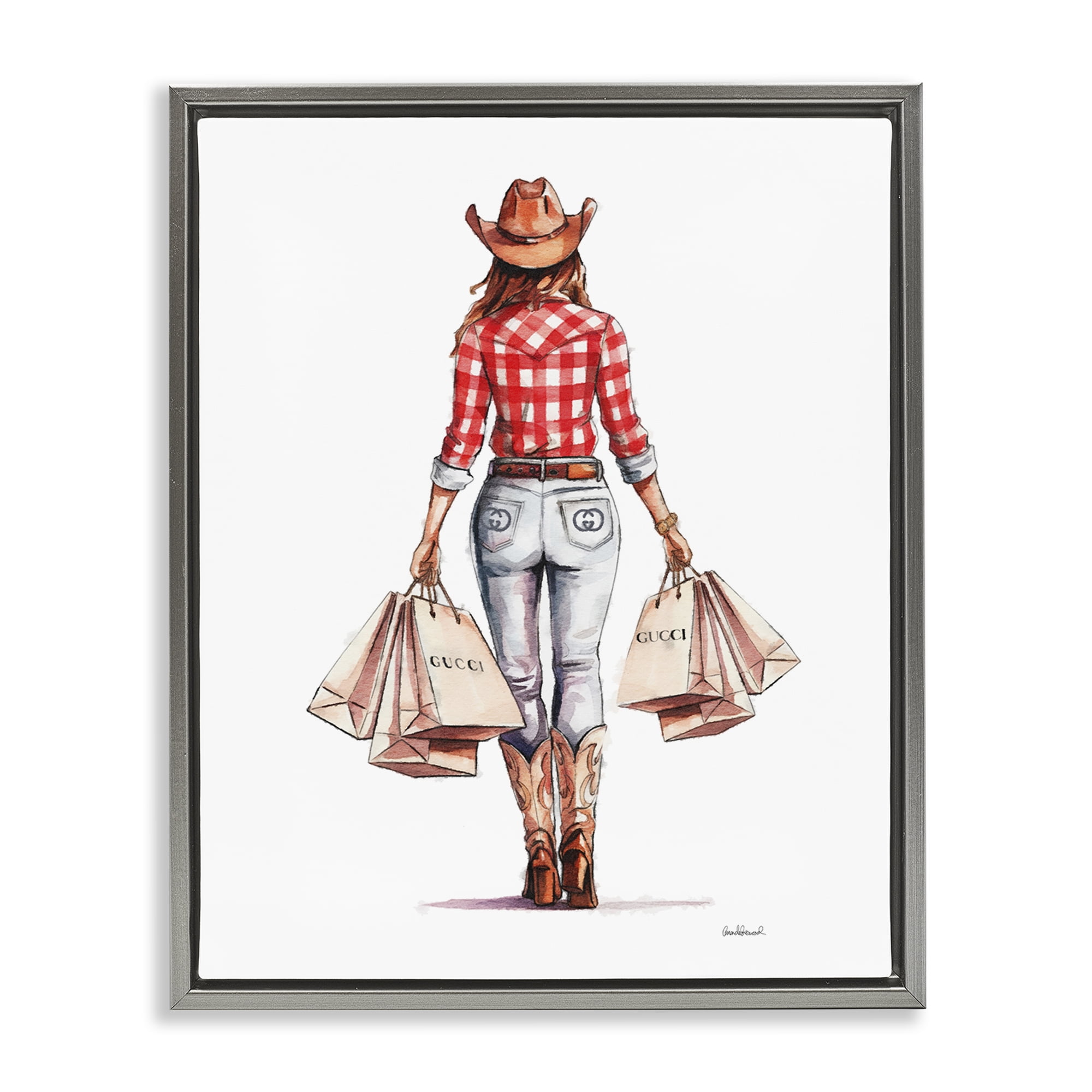 Stupell Industries Country Cowgirl Shopping People Painting Gray Floater Framed Canvas Art Print Wall Art, 17 x 21