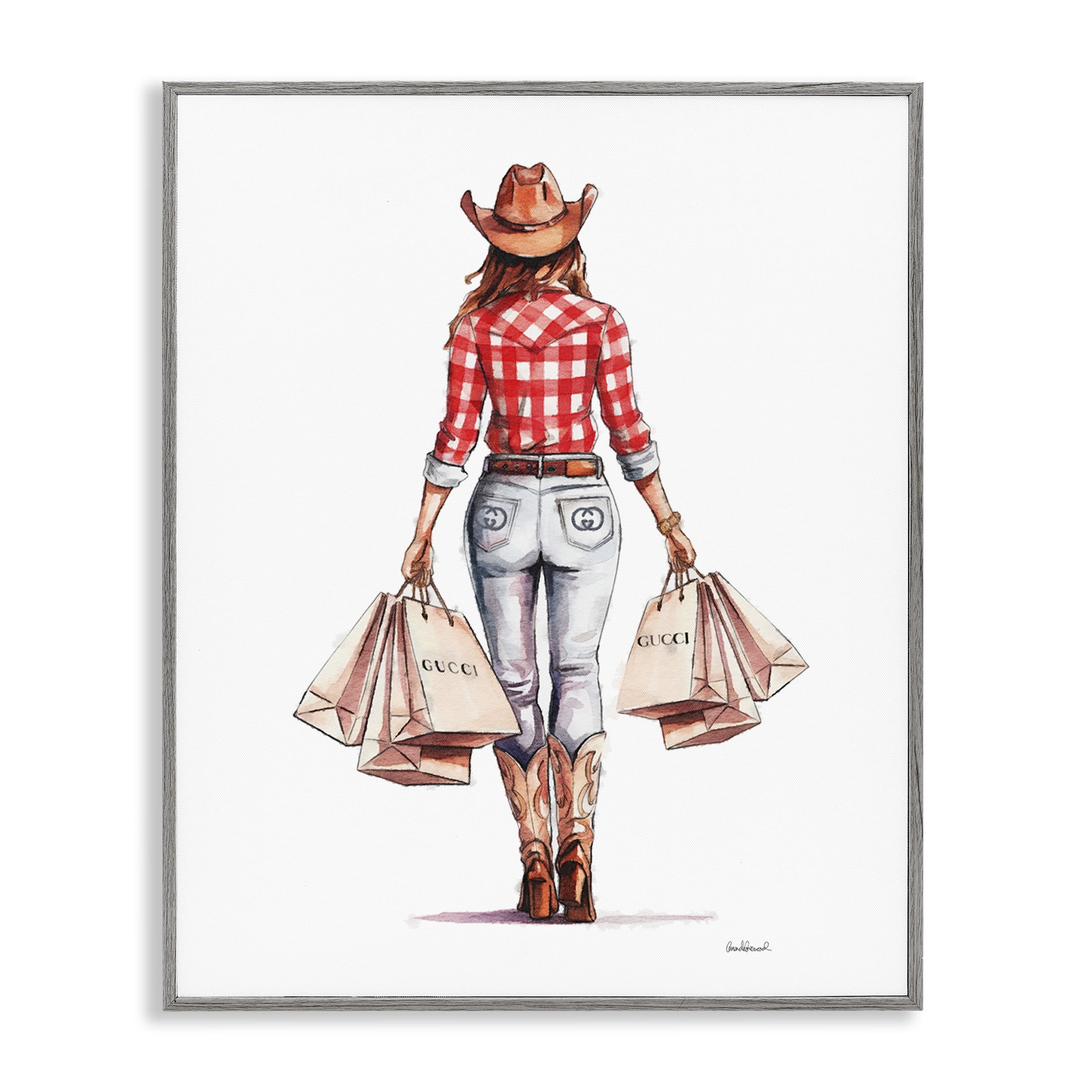 Stupell Industries Country Cowgirl Shopping People Painting Gray Framed Art Print Wall Art, 24 x 30
