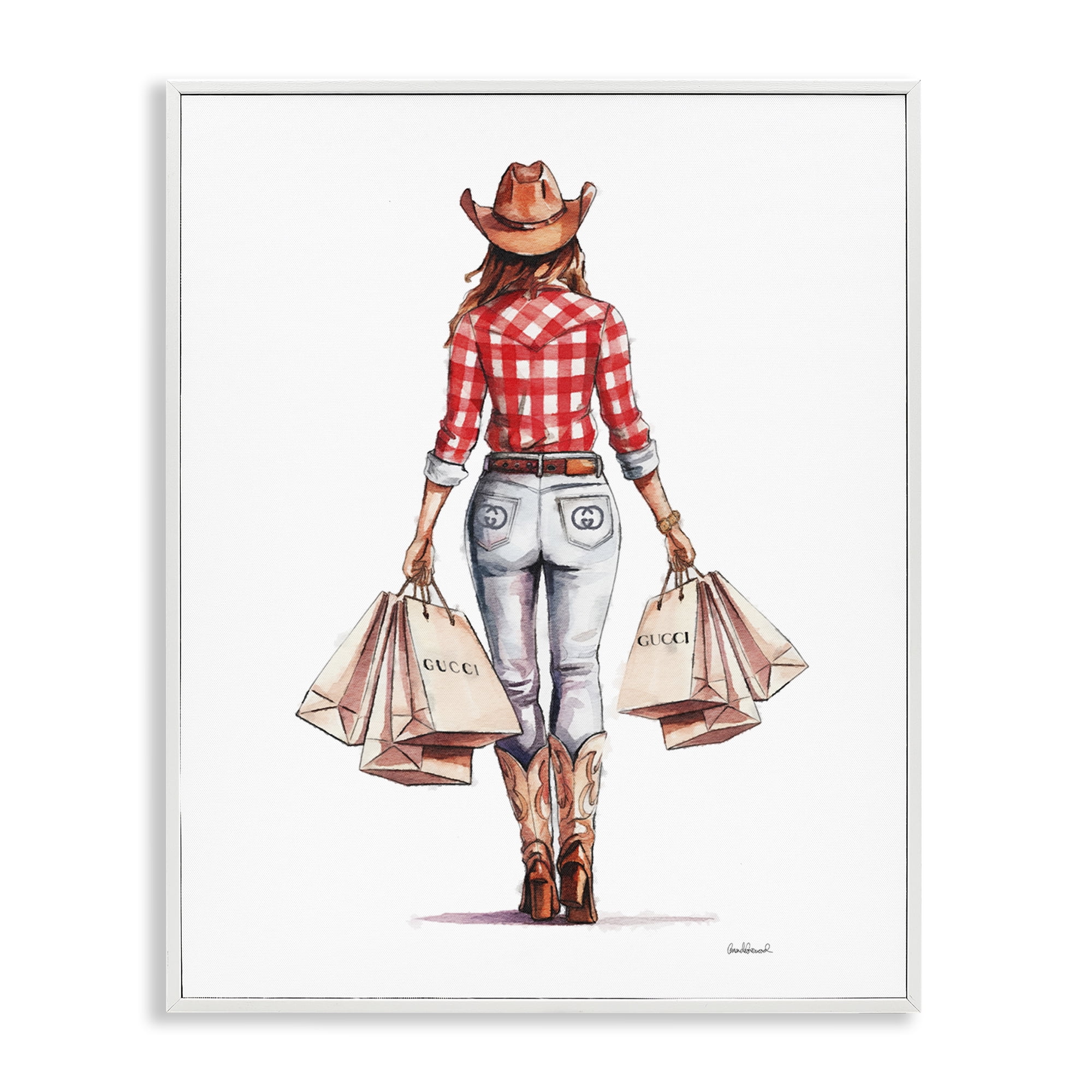 Stupell Industries Country Cowgirl Shopping People Painting White Framed Art Print Wall Art, 16 x 20