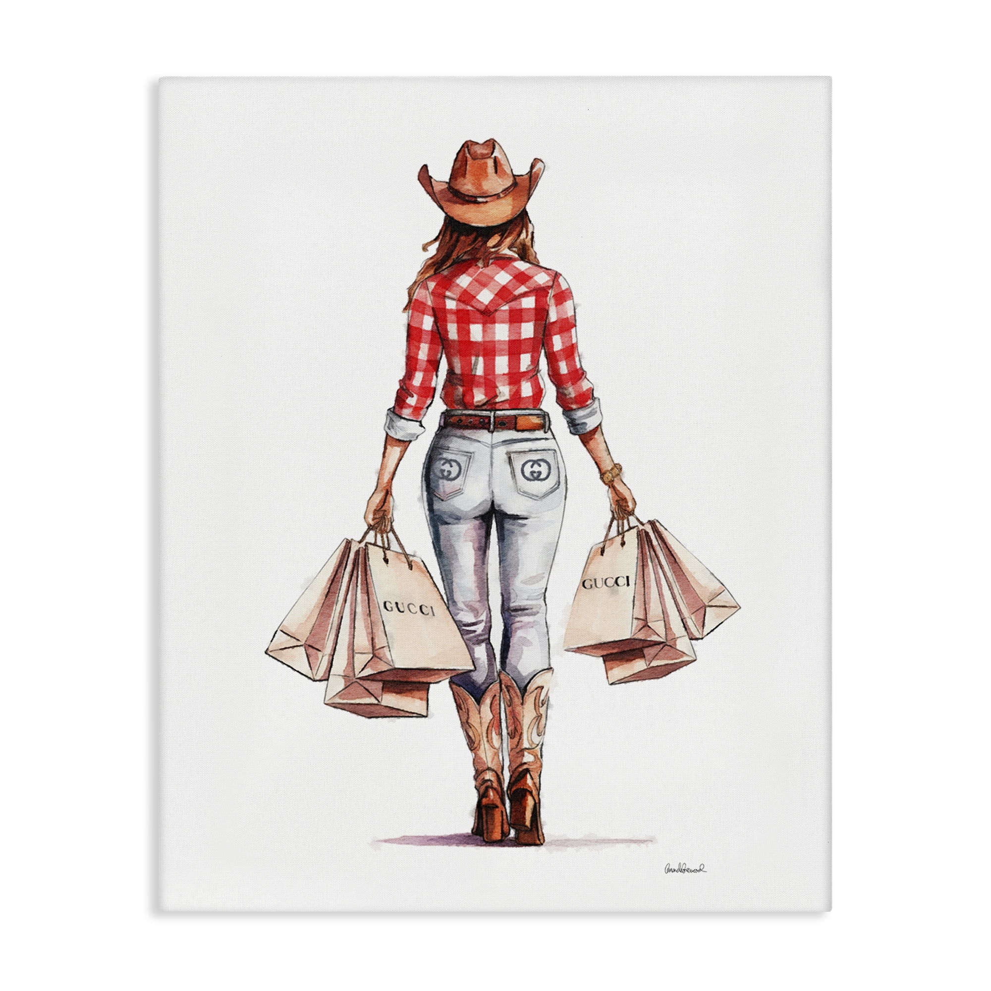 Stupell Industries Country Cowgirl Shopping People Painting Wrapped Canvas Art Print Wall Art, 36 x 48