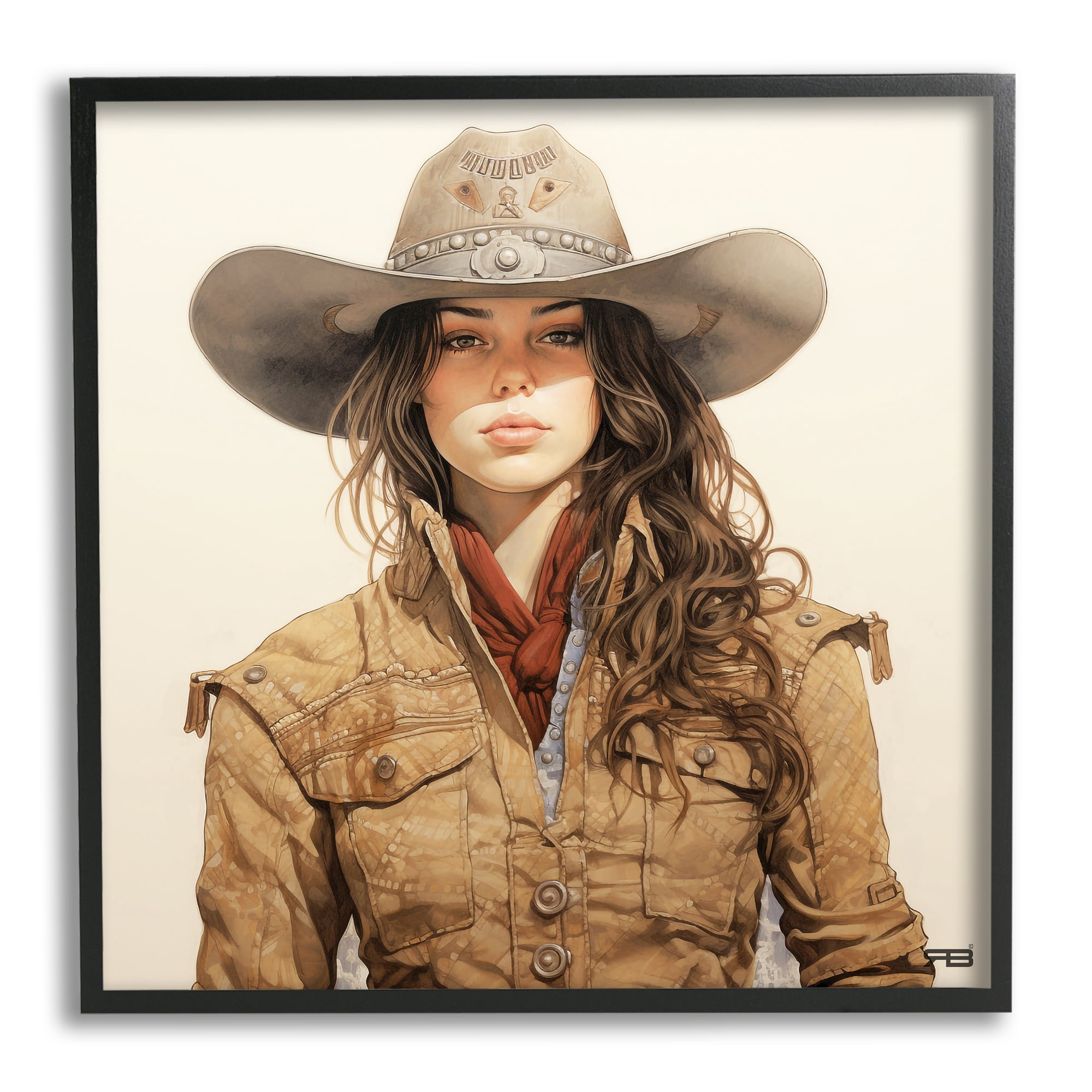Stupell Industries Country Cowgirl on Beige Abstract Painting Black Framed Art Print Wall Art, 12 x 12