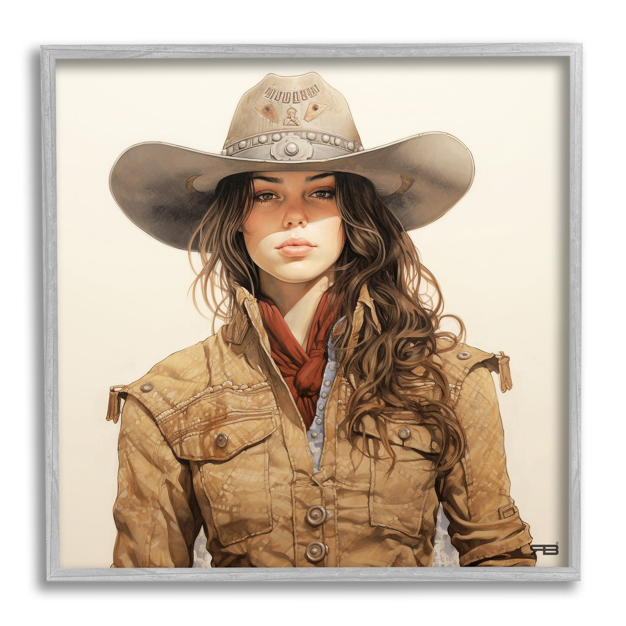 Stupell Industries Country Cowgirl on Beige Abstract Painting Gray Framed Art Print Wall Art, 12 x 12